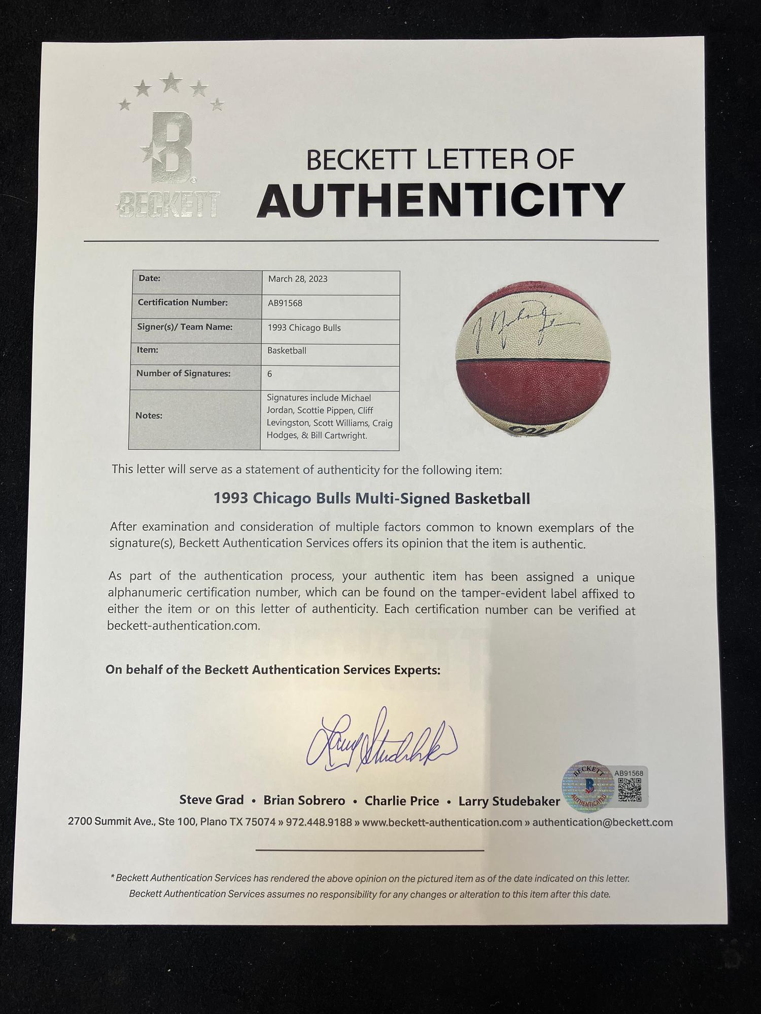 A 1993 Chicago Bulls Signed Autotgraph Basketball Featuring Michael Jordan (Beckett Authentication Services Letter),