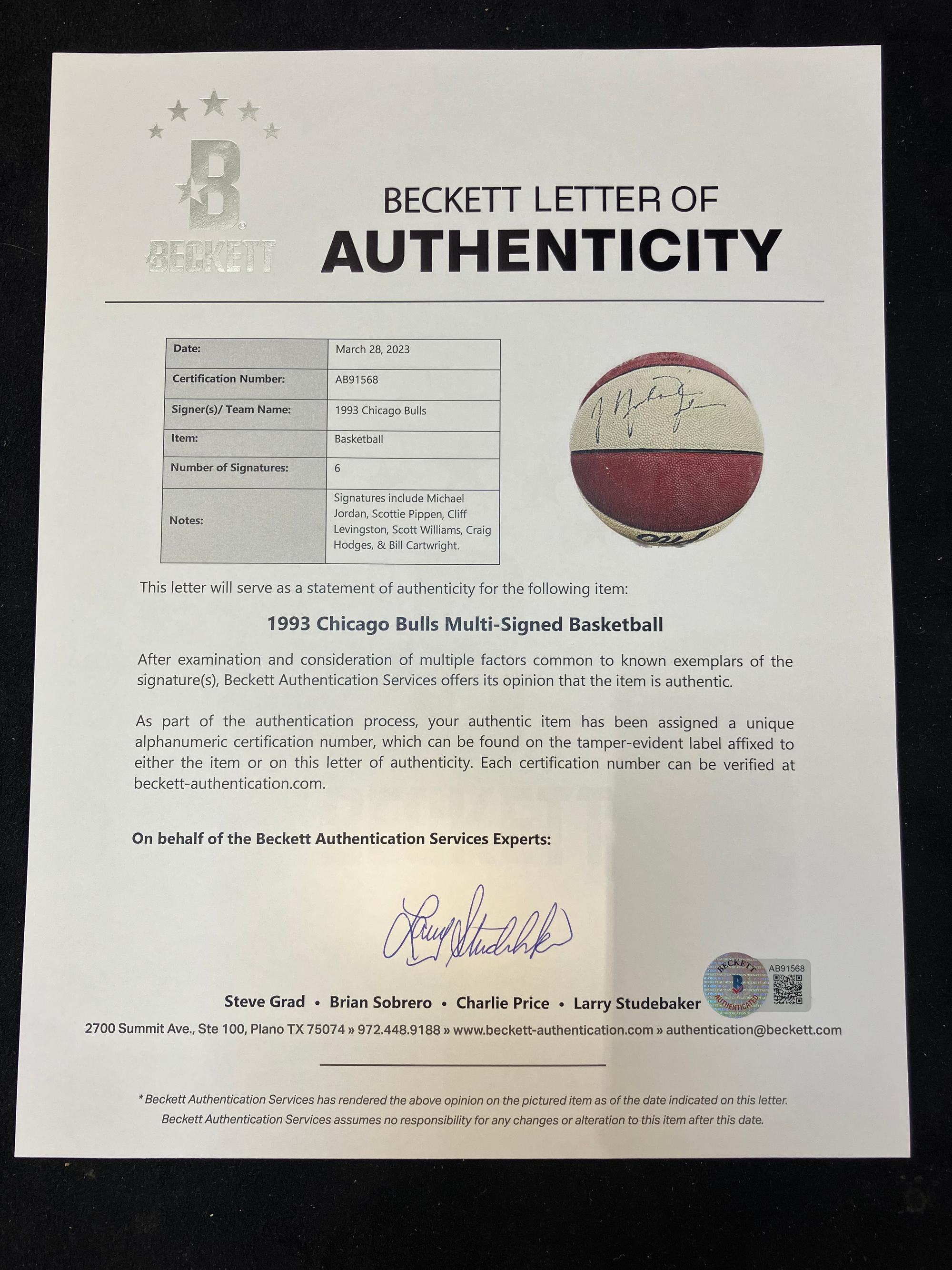 A 1993 Chicago Bulls Signed Autotgraph Basketball Featuring Michael Jordan (Beckett Authentication Services Letter),