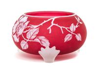 English, LATE 19TH CENTURY, a cameo glass footed bowl, of low form with rose and butterfly decoration, have three applied frosted feet