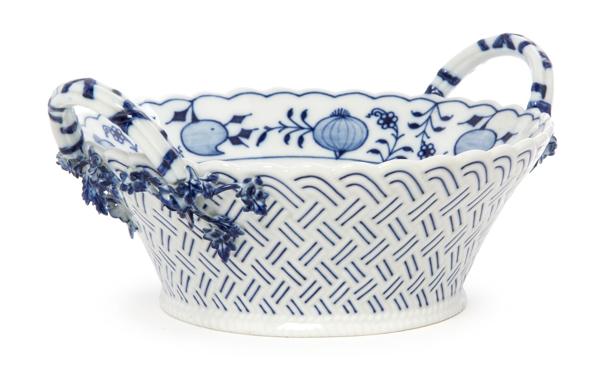 A German Porcelain Blue Onion Twin Handled Bowl, Width over handles 9 1/8 inches.
