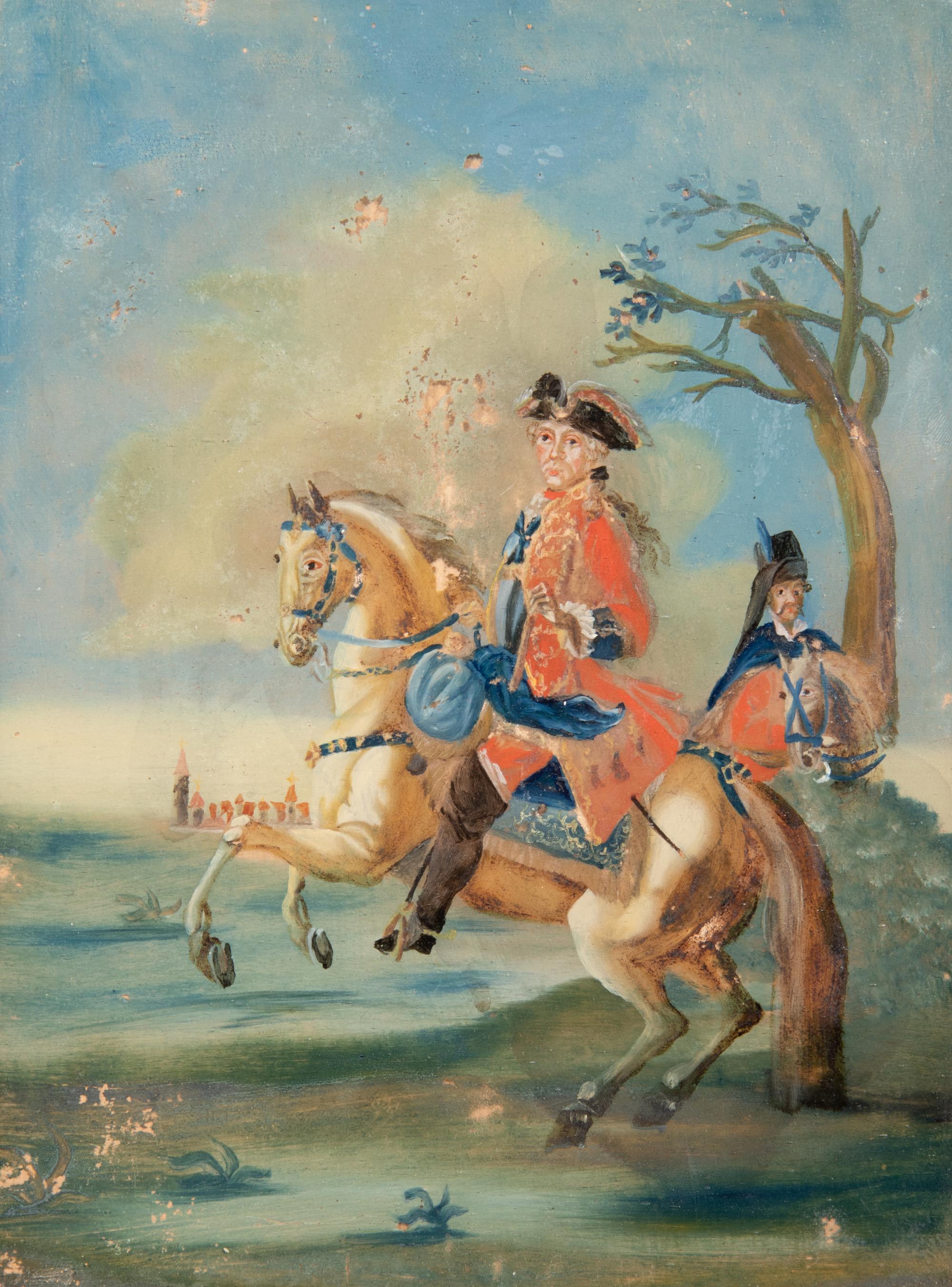 A German Reverse-Painted Glass Panel Depicting Frederick the Great