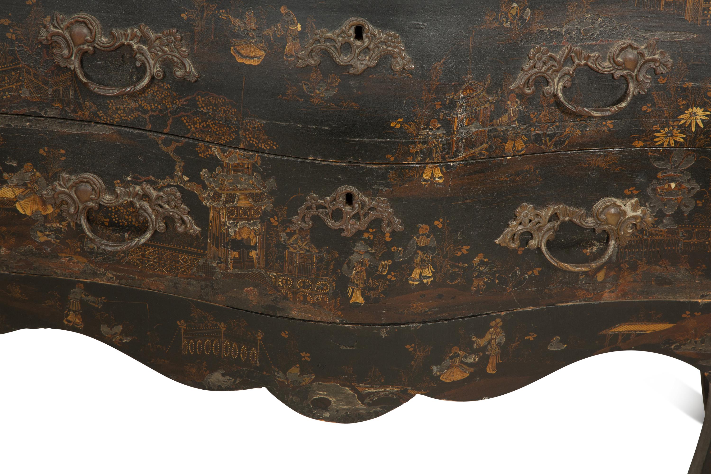 A Louis XV Black and Gilt Japanned Bombé Commode