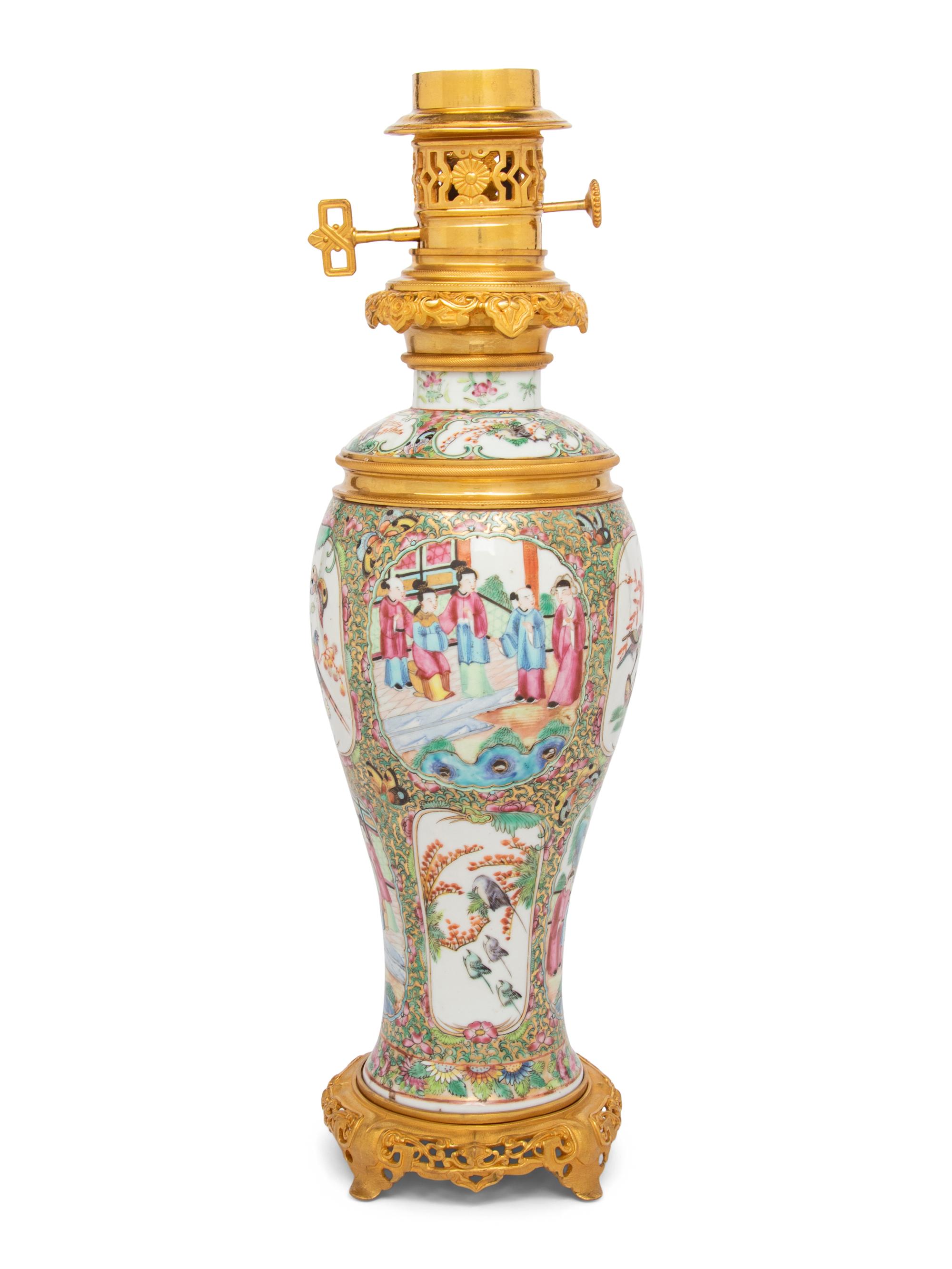 A Gilt Bronze and Rose Medallion Porcelain Vase Mounted as a Lamp
