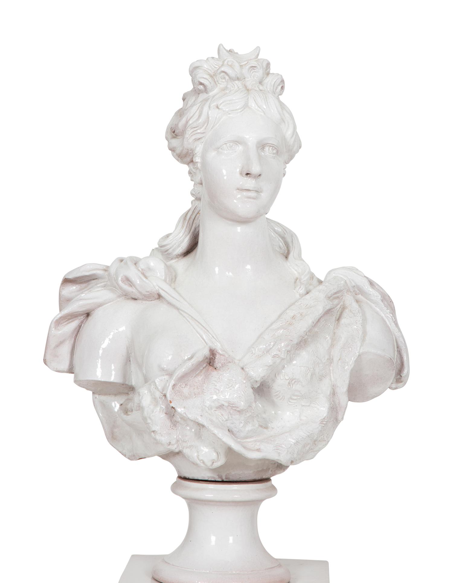 A Pair of Italian Glazed Terracotta Portrait Busts on Neoclassical Style Pedestals