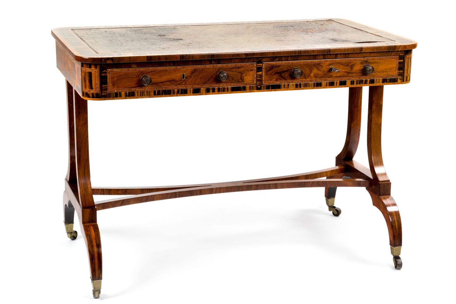 A Regency Rosewood and Calamander Writing Table Height 27 1/2 x width 40 x depth 23 1/2 inches. — EARLY 19TH CENTURY, POSSIBLY BY GEORGE OAKLEY