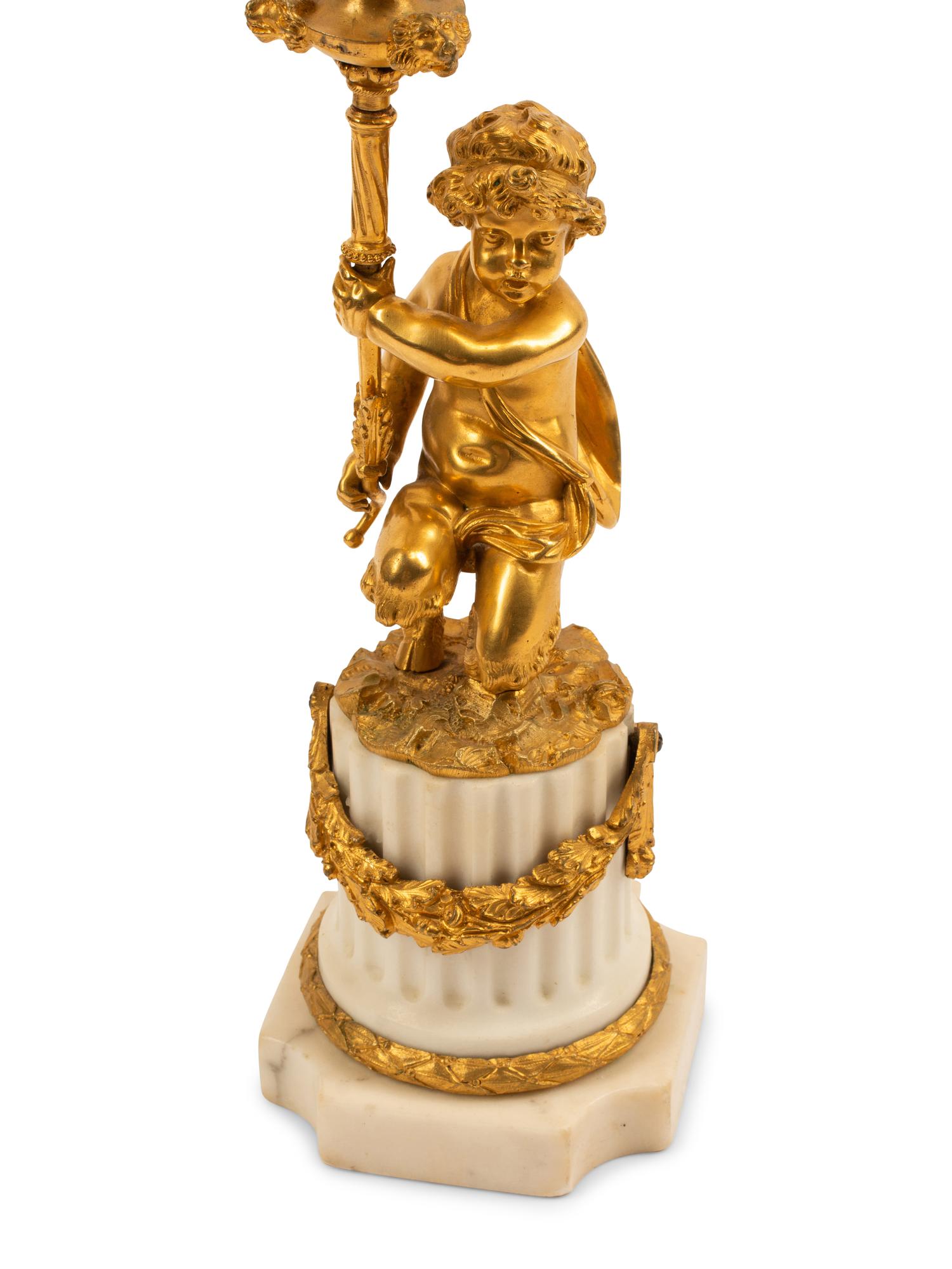 A Pair of Louis XVI Style Gilt Bronze and Marble Figural Candelabra