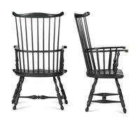 A Pair of Various Wood Black Painted Volute and Knuckle Carved Comb-Back Windsor Armchairs