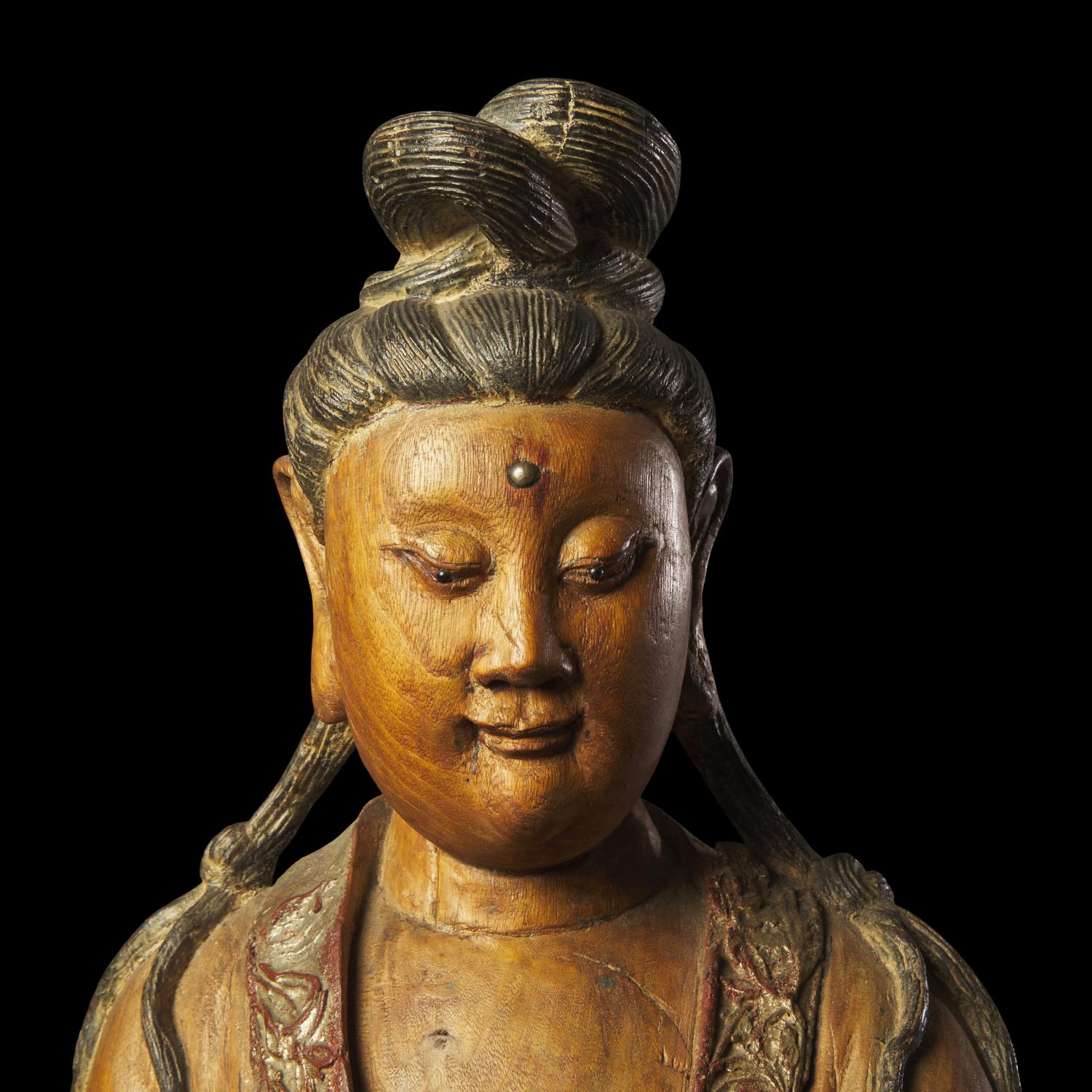 A Large Chinese Carved Wood Figure of Guanyin, Qing Dynasty 清 木雕觀音