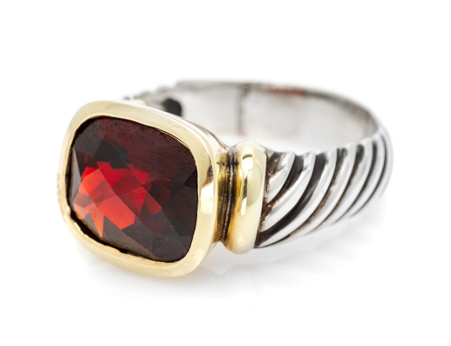 A Sterling Silver, 14 Karat Yellow Gold and Garnet 'Noblesse' Ring, David Yurman, 7.40 dwts.