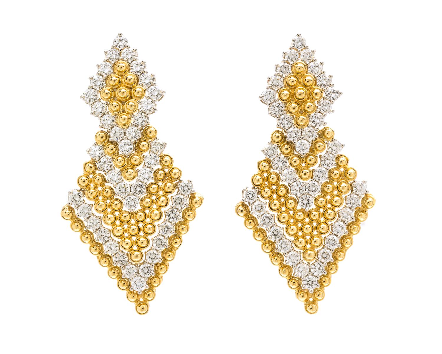A Pair Of 18 Karat Yellow Gold, Platinum and Diamond Pendant Earclips, Chaavae, 27.40 dwts.