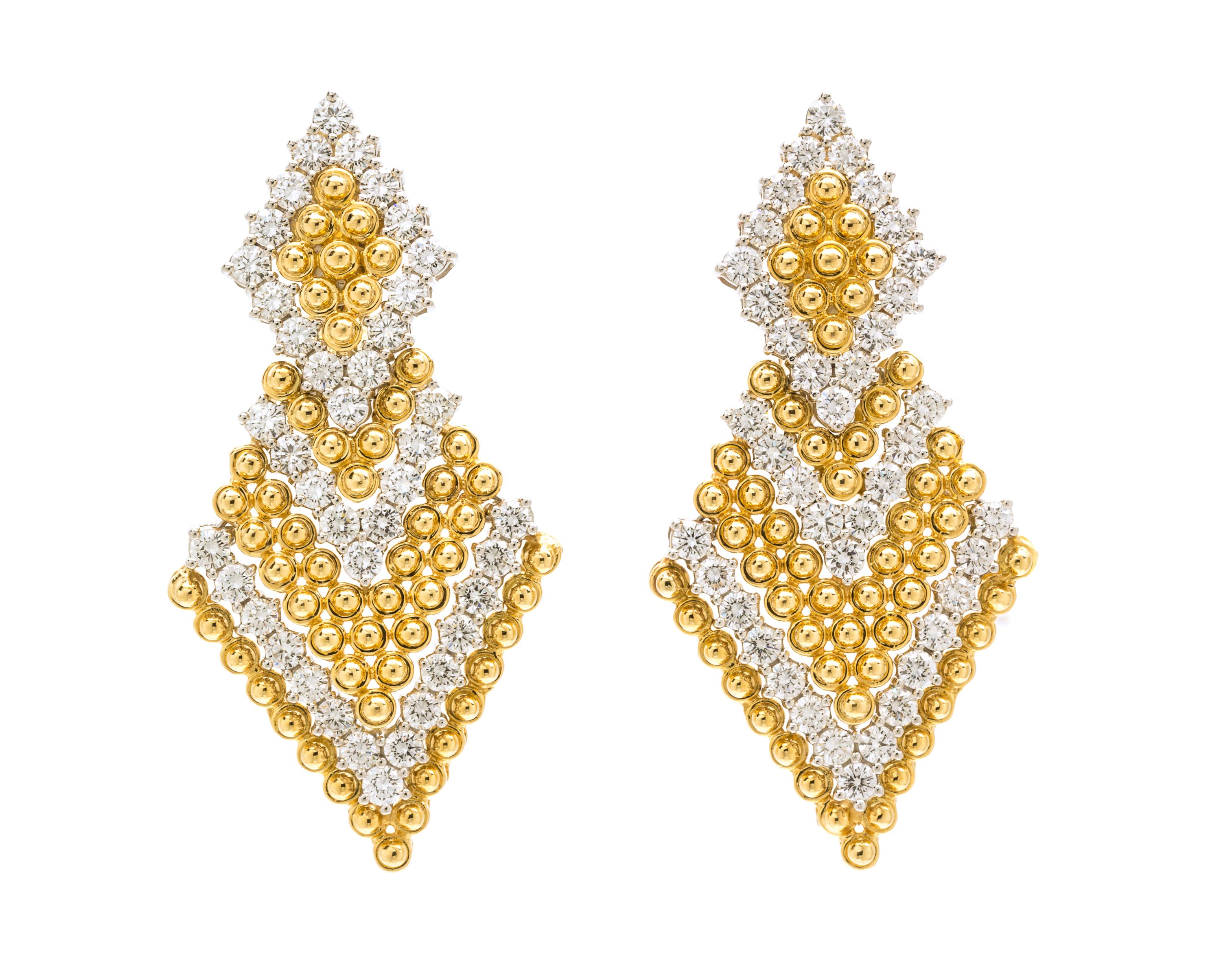 A Pair Of 18 Karat Yellow Gold, Platinum and Diamond Pendant Earclips, Chaavae, 27.40 dwts.