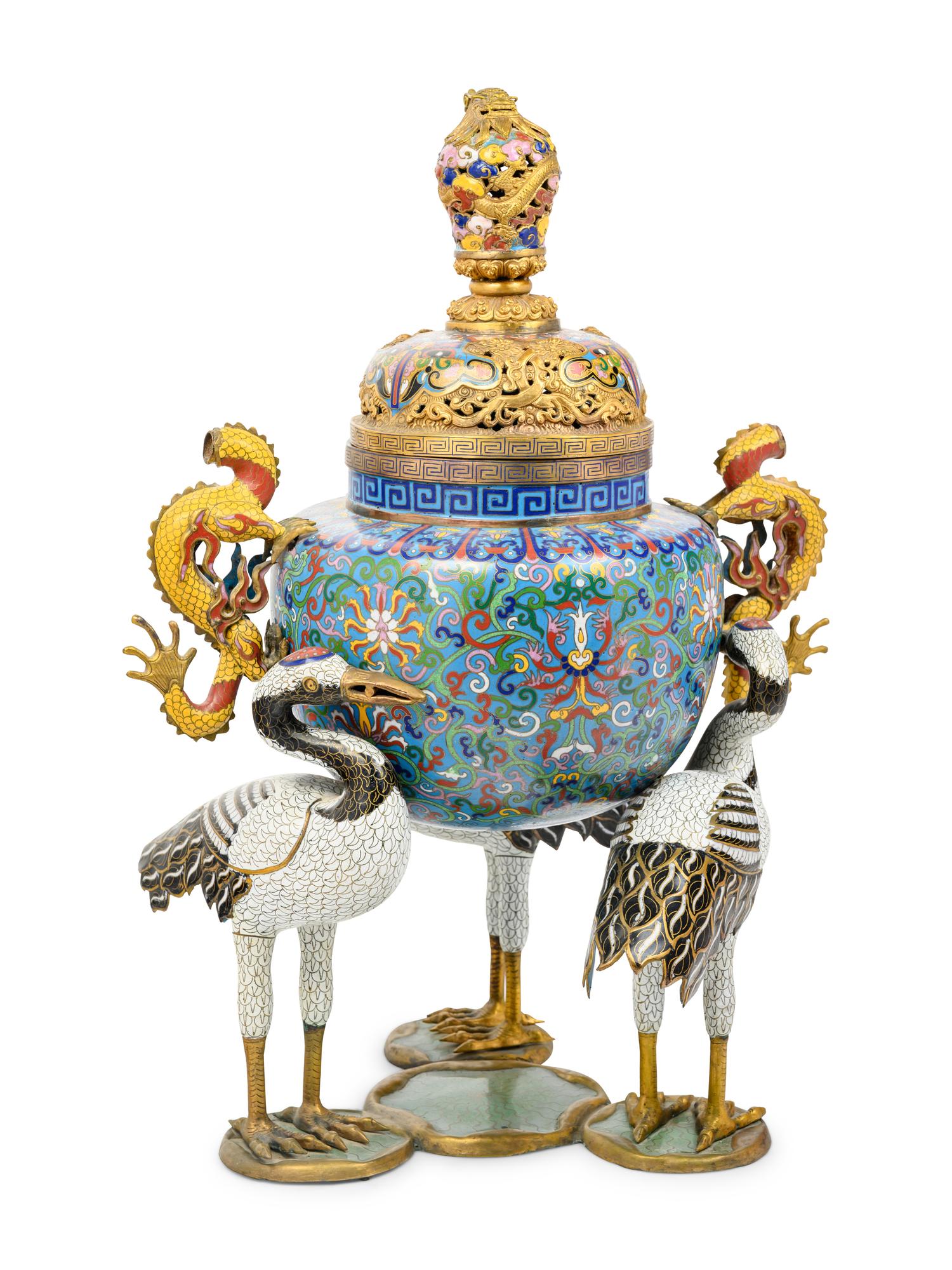 A Chinese Cloisonné Enamel 'Crane' Tripod Incense Burner