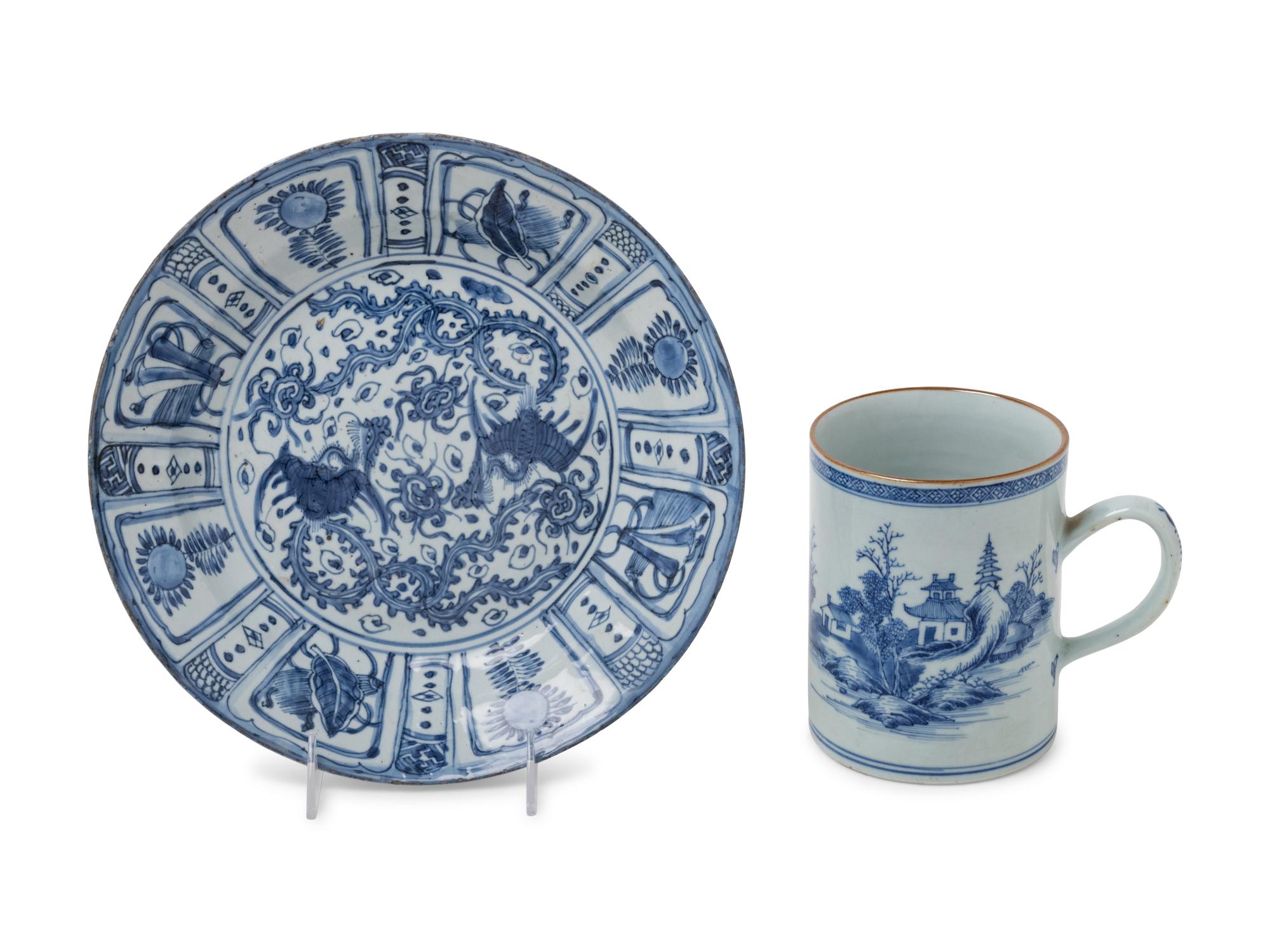 A Chinese Export Kraak Ware Charger and a Blue and White Porcelain Mug