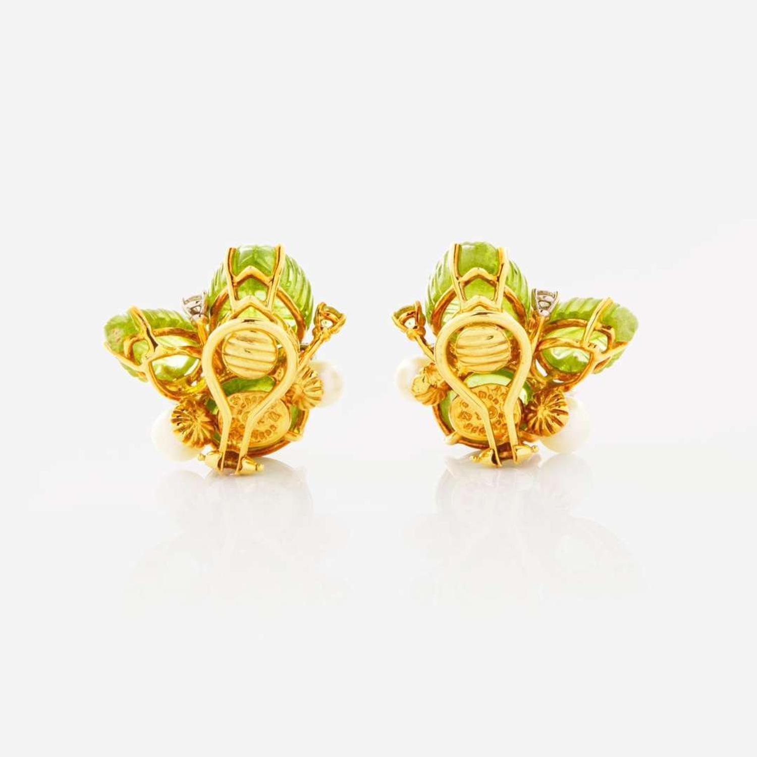 A Pair of 18K Yellow Gold Seaman Schepps Peridot Ear Clips