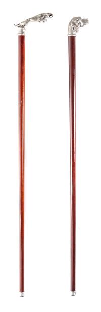 Two Silvered Metal Cane Heads, Length of handle 5 x length of longer 34 inches.