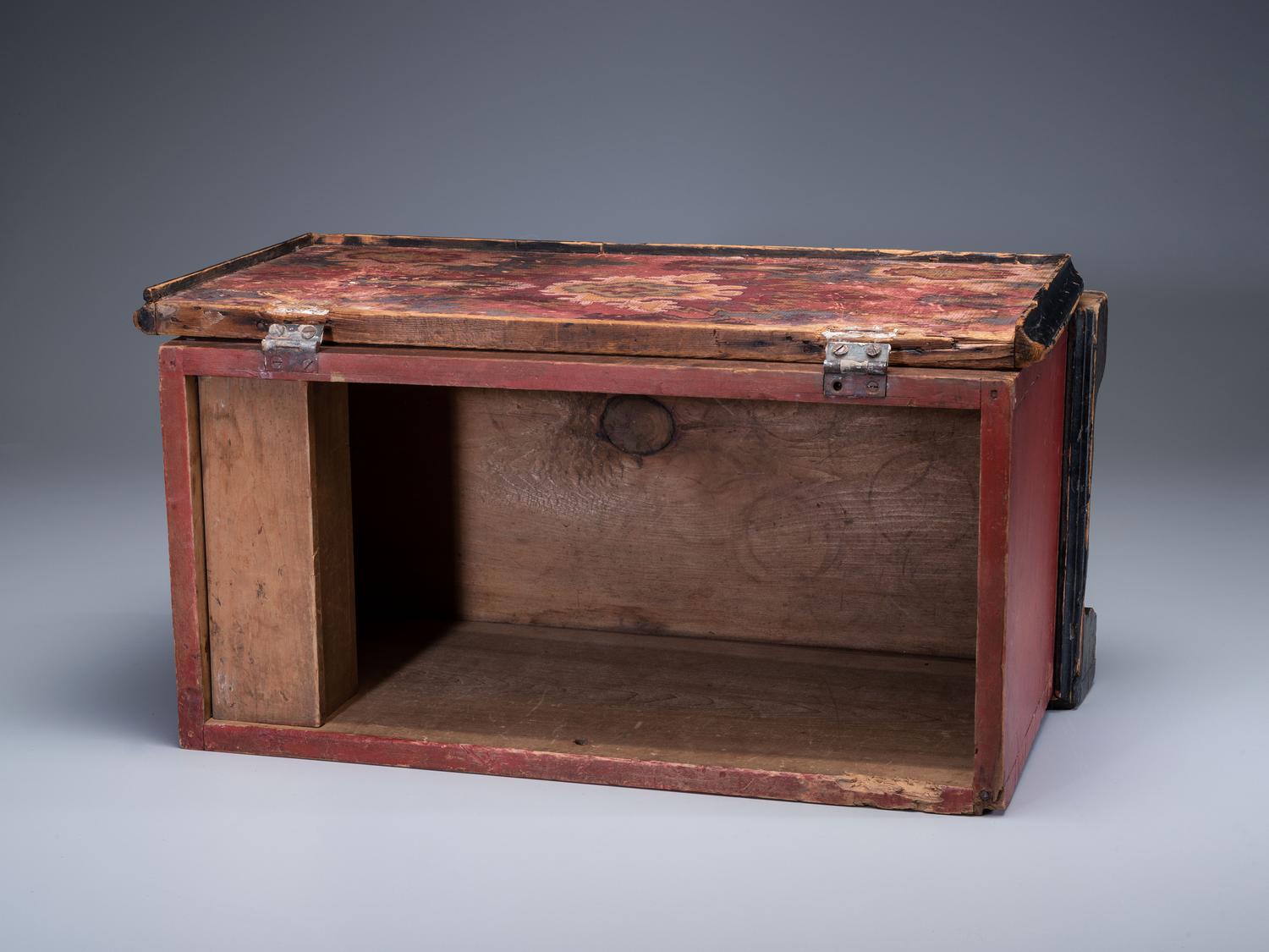 A Soap Hollow Red-Black and Gilt, Stencil-Decorated Poplar and Pine Miniature Blanket Chest