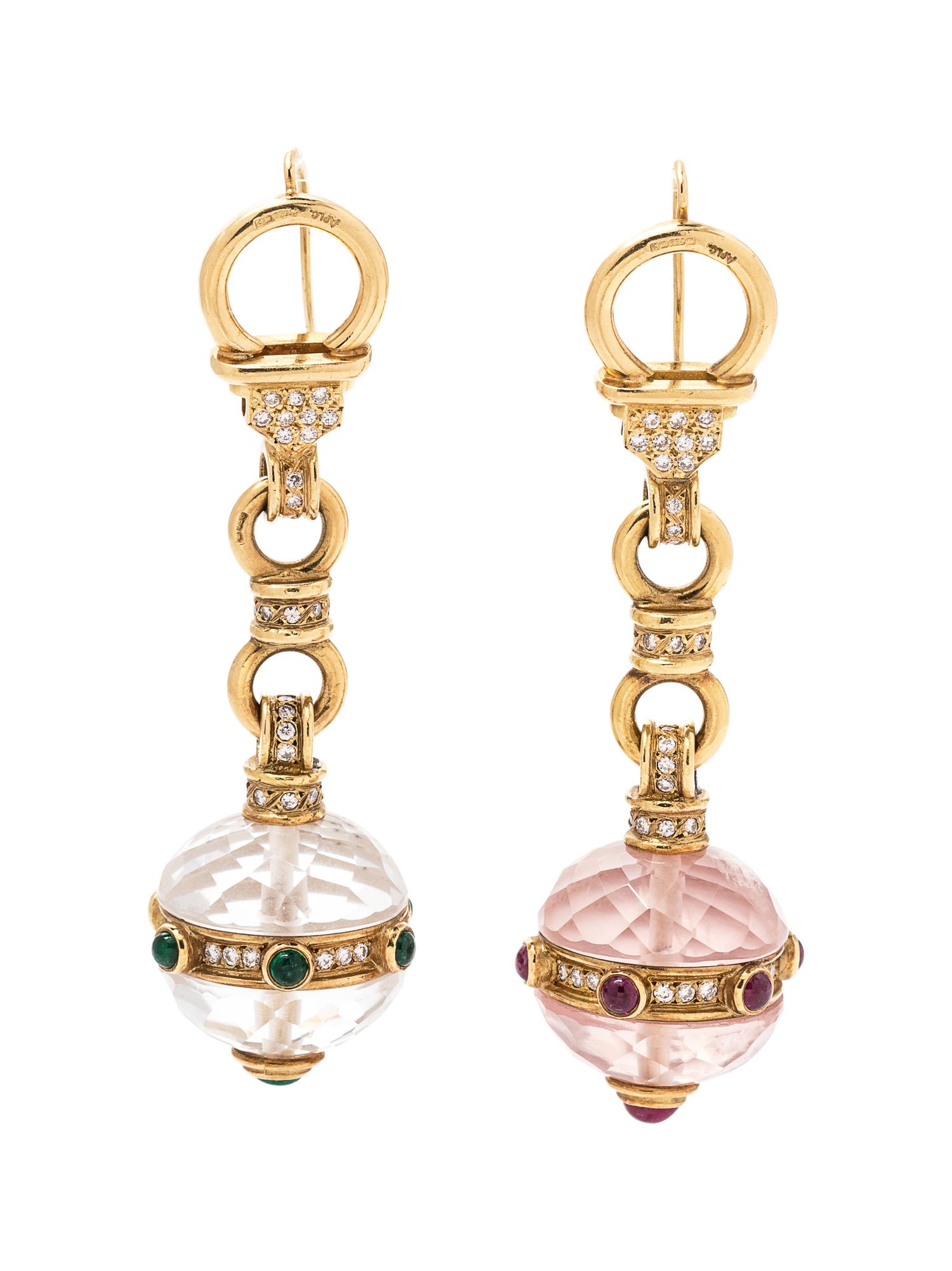 A Pair of 18 Karat Yellow Gold and Multigem Pendant Earrings, Asprey,
