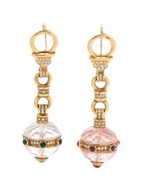A Pair of 18 Karat Yellow Gold and Multigem Pendant Earrings, Asprey,