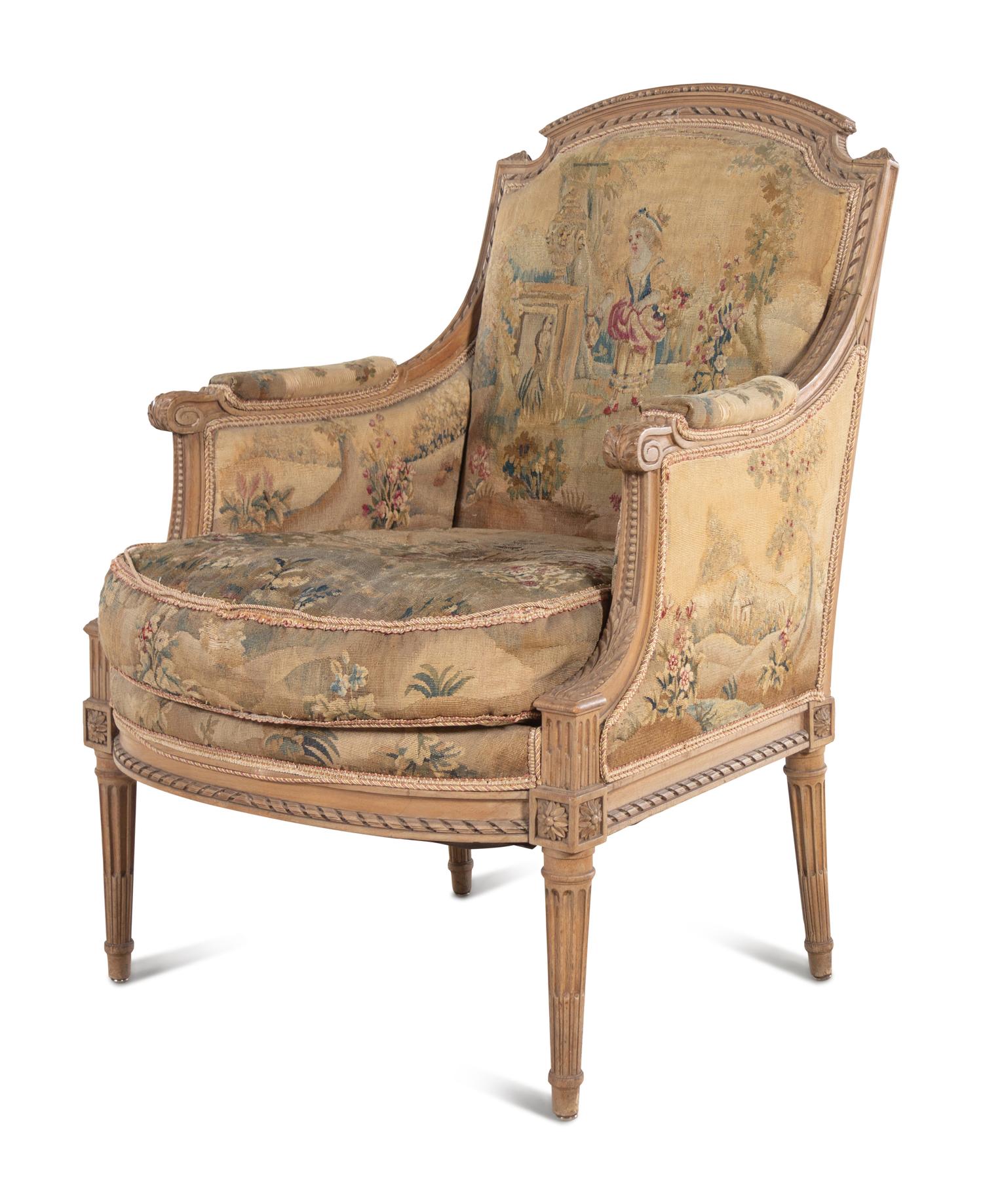 A Pair of Louis XVI Style Tapestry-Upholstered Bergères
