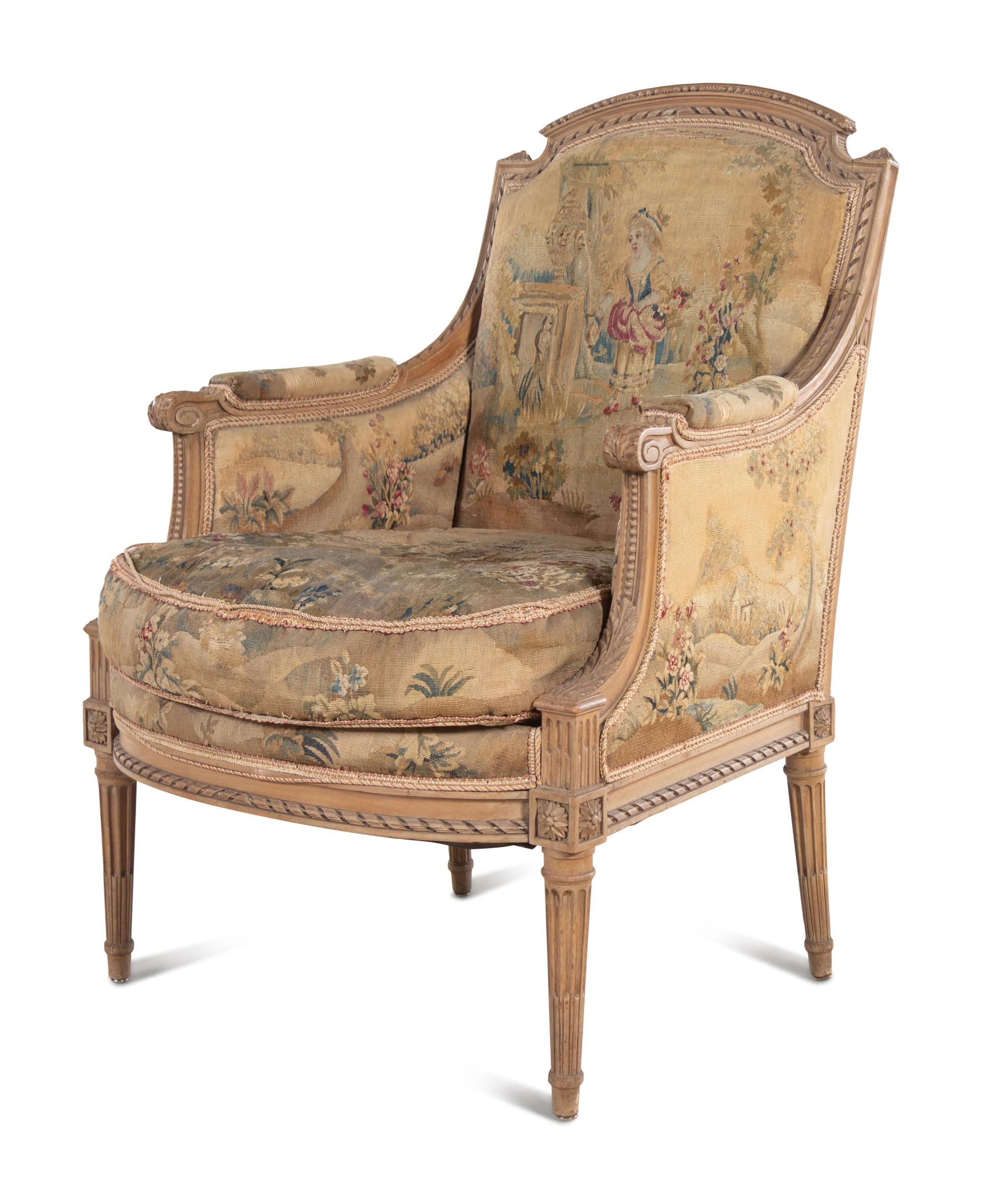 A Pair of Louis XVI Style Tapestry-Upholstered Bergères