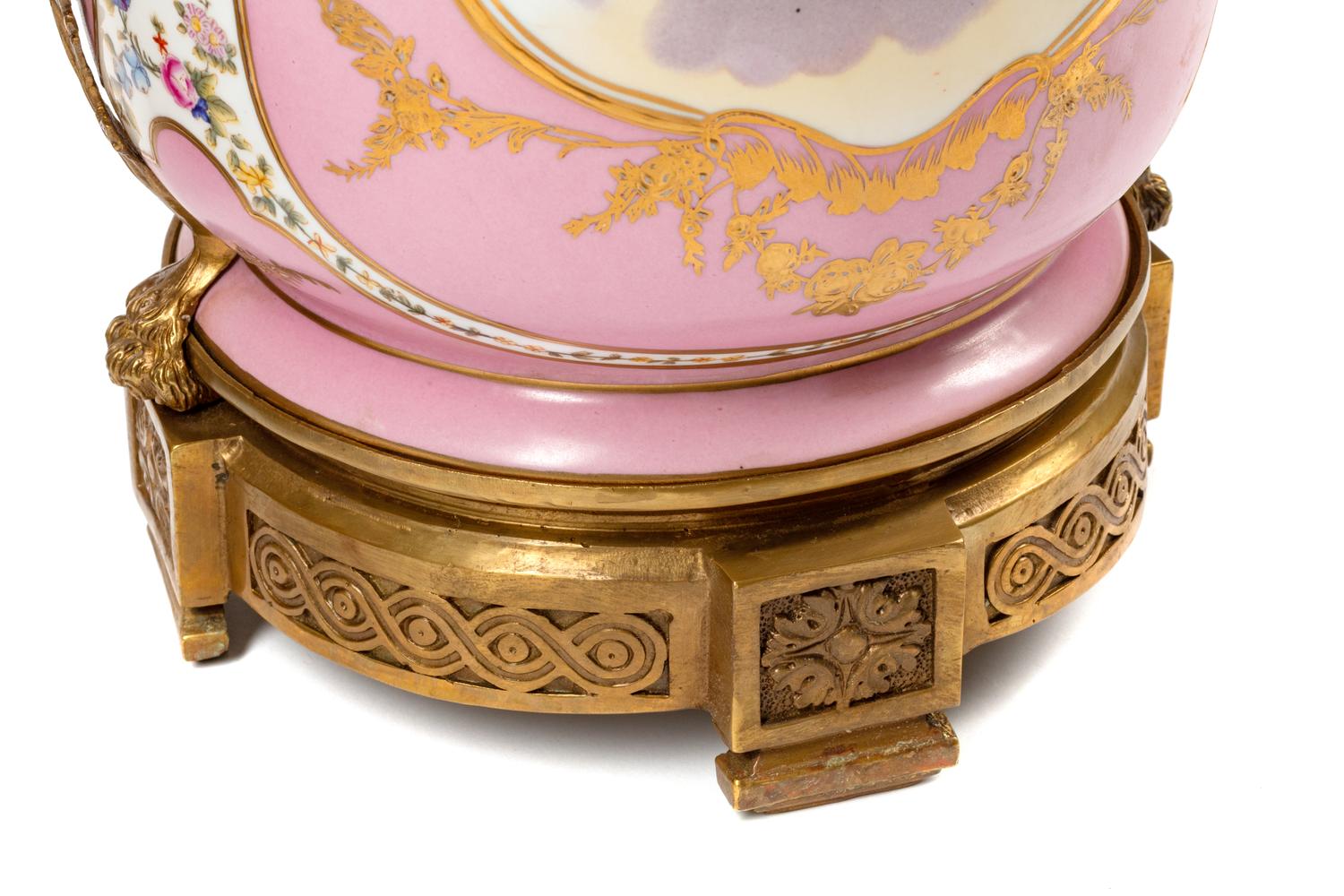 A Pair of Sèvres Style Gilt Bronze Mounted Porcelain Cache Pots