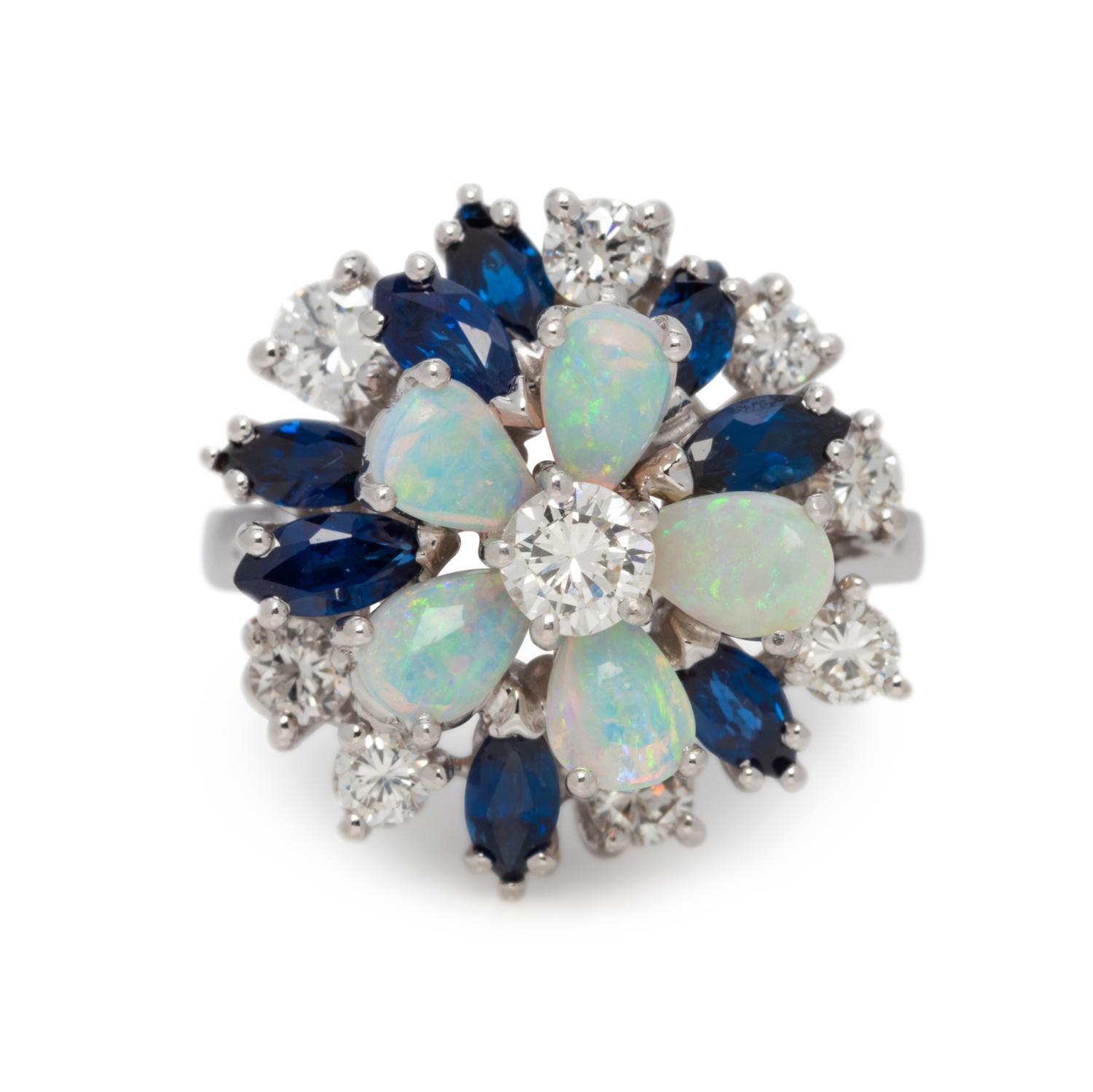 DIAMOND, OPAL AND SYNTHETIC SAPPHIRE RING