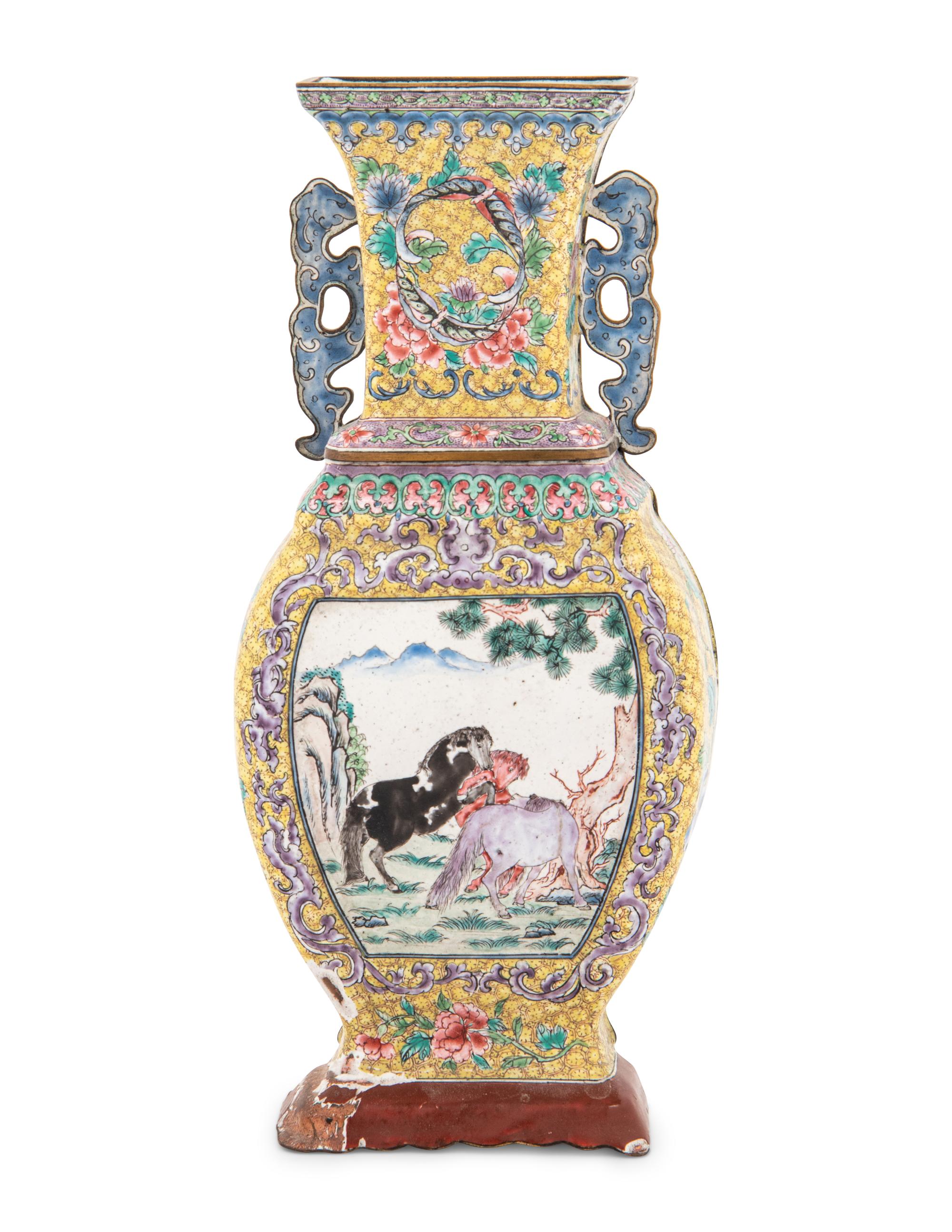 A Canton Enamel 'Horses' Wall Vase