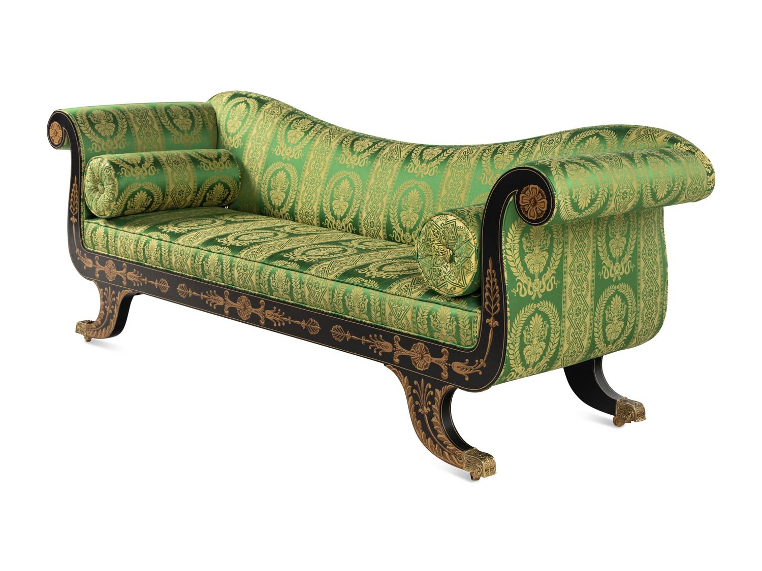 A Classical Style 'Baltimore' Black-Painted and Gilt Settee with Scalamandré Upholstery