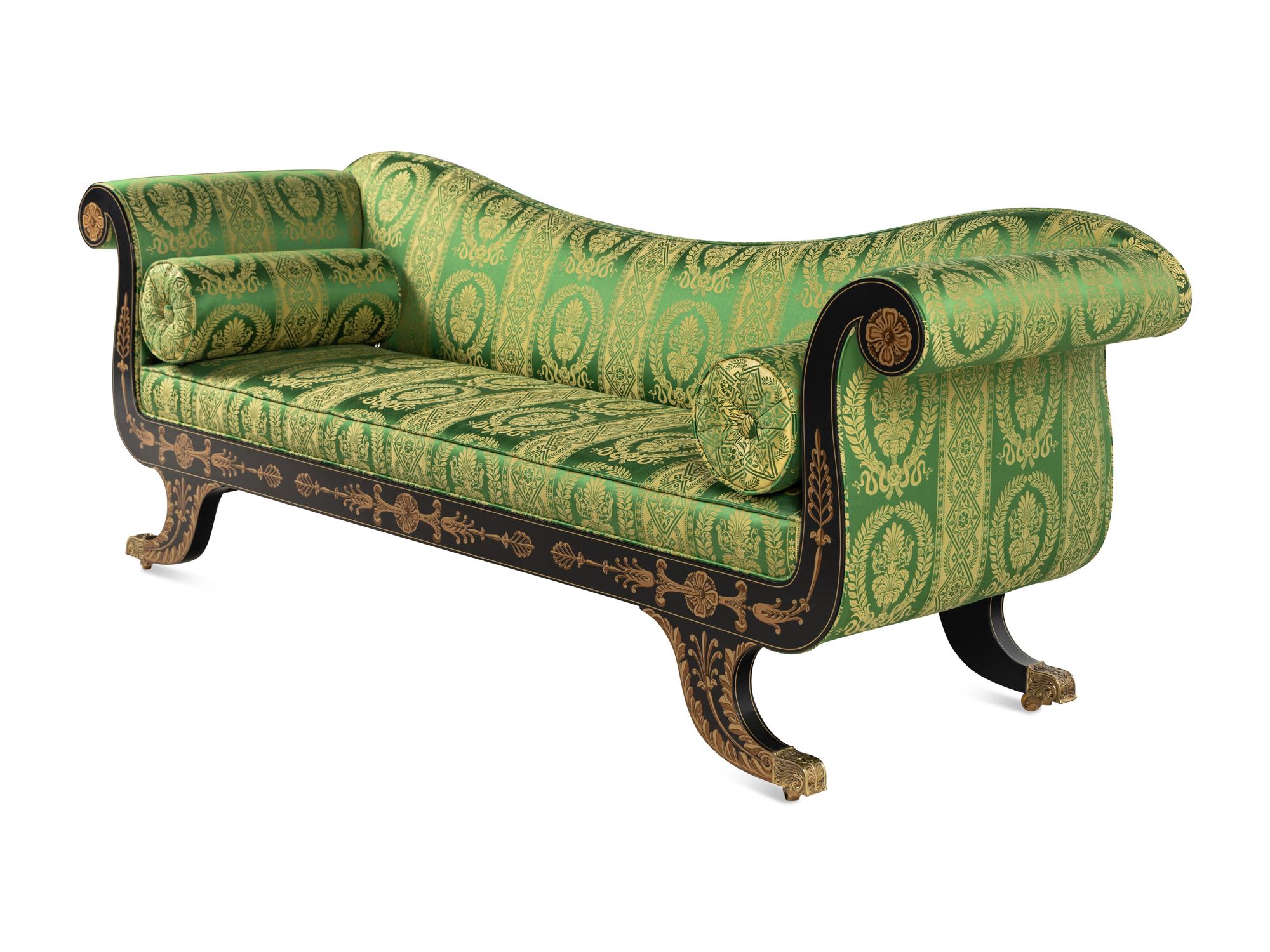 A Classical Style 'Baltimore' Black-Painted and Gilt Settee with Scalamandré Upholstery