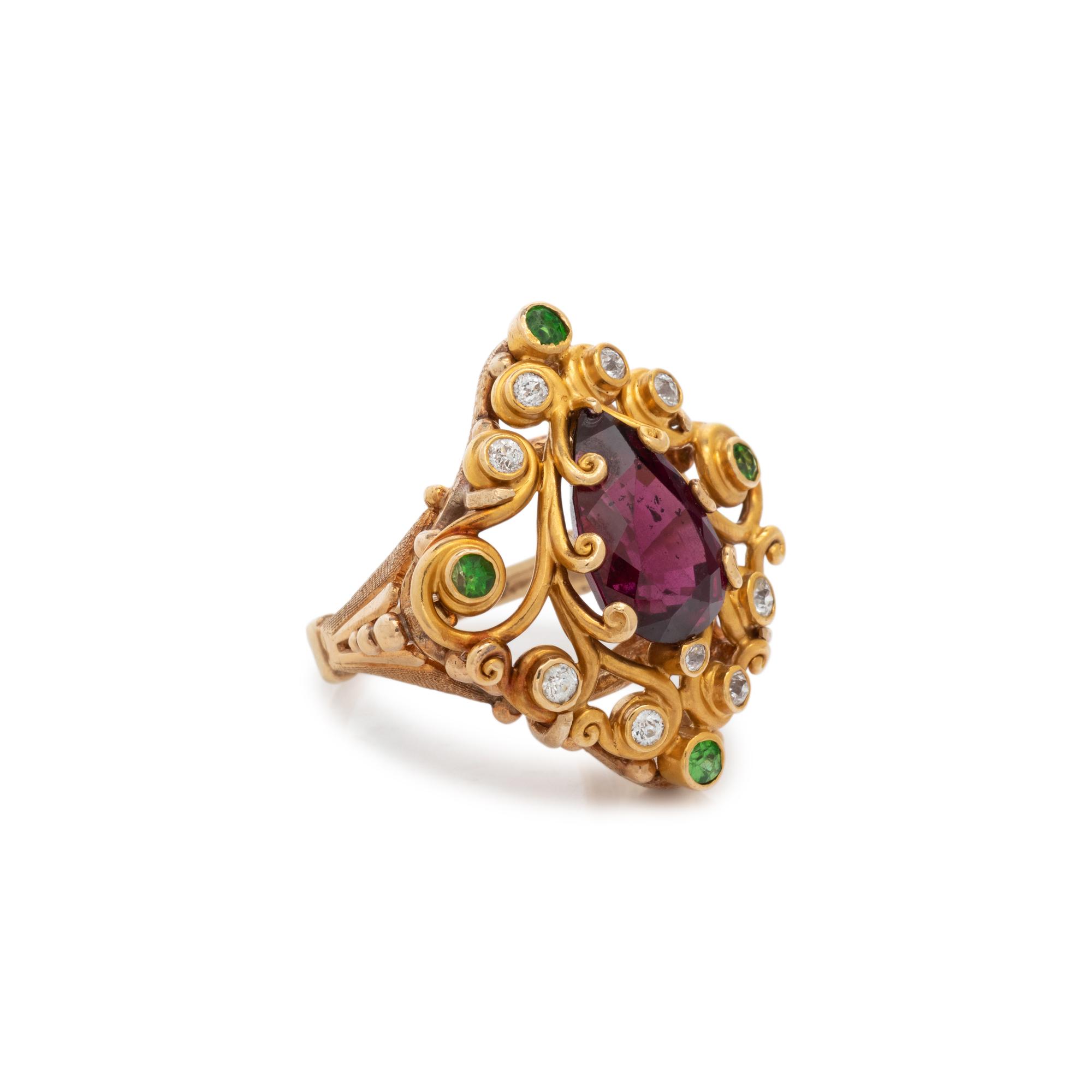 AMETHYST, GREEN GARNET AND DIAMOND RING