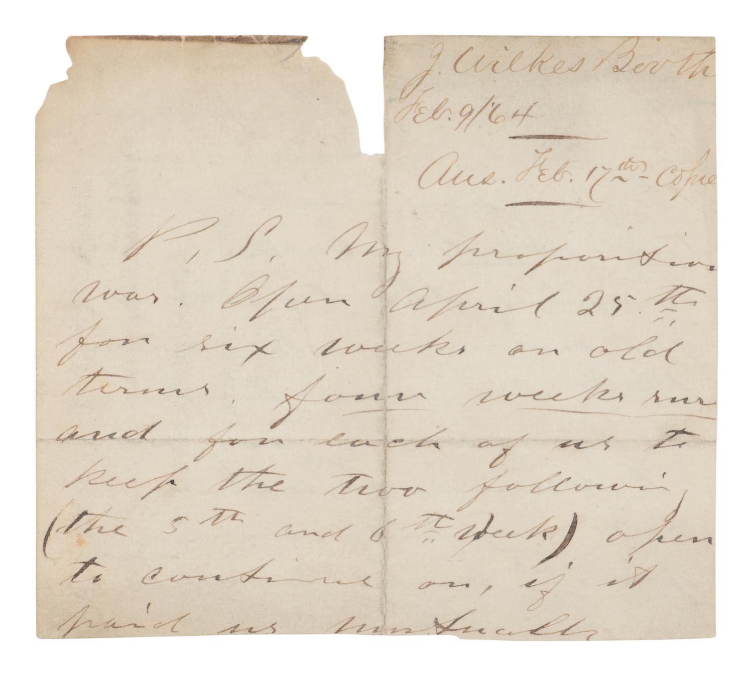 [BOOTH, John Wilkes (1838-1865)]. Partial manuscript document, unsigned, 9 February 1864.