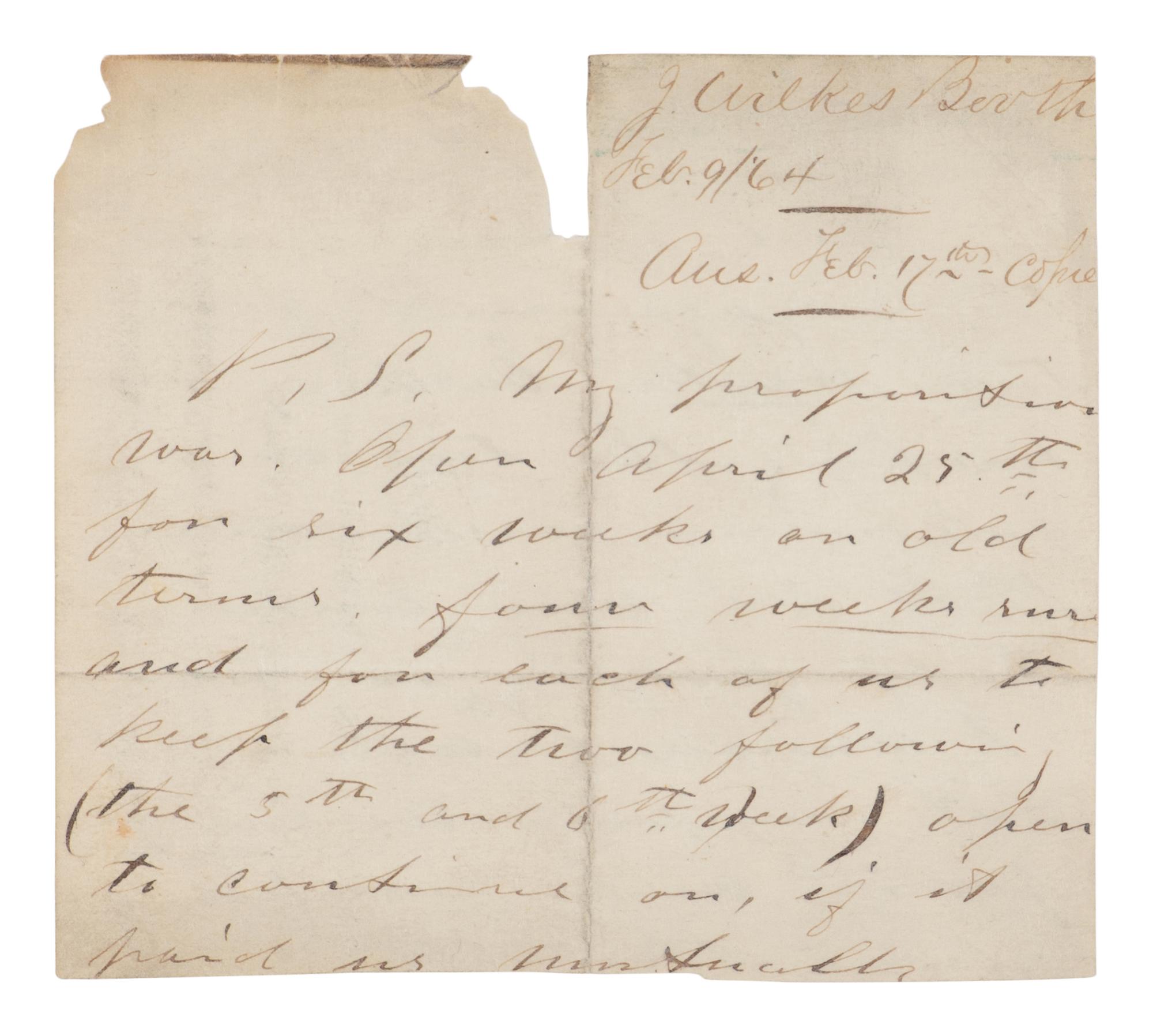 [BOOTH, John Wilkes (1838-1865)]. Partial manuscript document, unsigned, 9 February 1864.