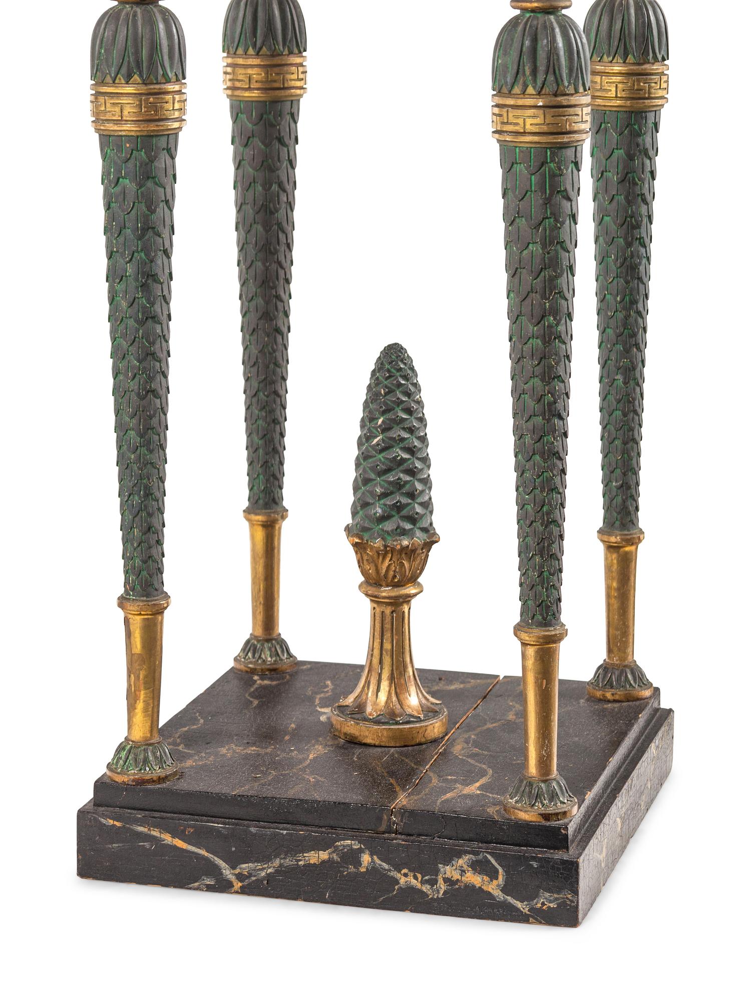 A Pair of Baltic Patinated Metal Mounted Painted and Parcel-Gilt Marble-Top Pedestals