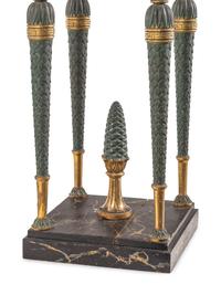 A Pair of Baltic Patinated Metal Mounted Painted and Parcel-Gilt Marble-Top Pedestals