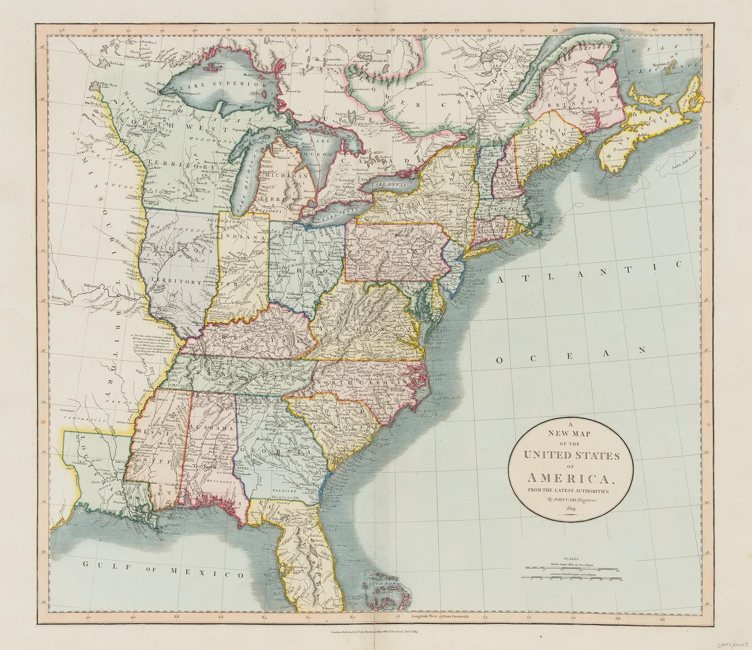 CARY, John (ca.1754-1835). A New Map of the United States of America, from the latest authories. London, 1 January 1819.
