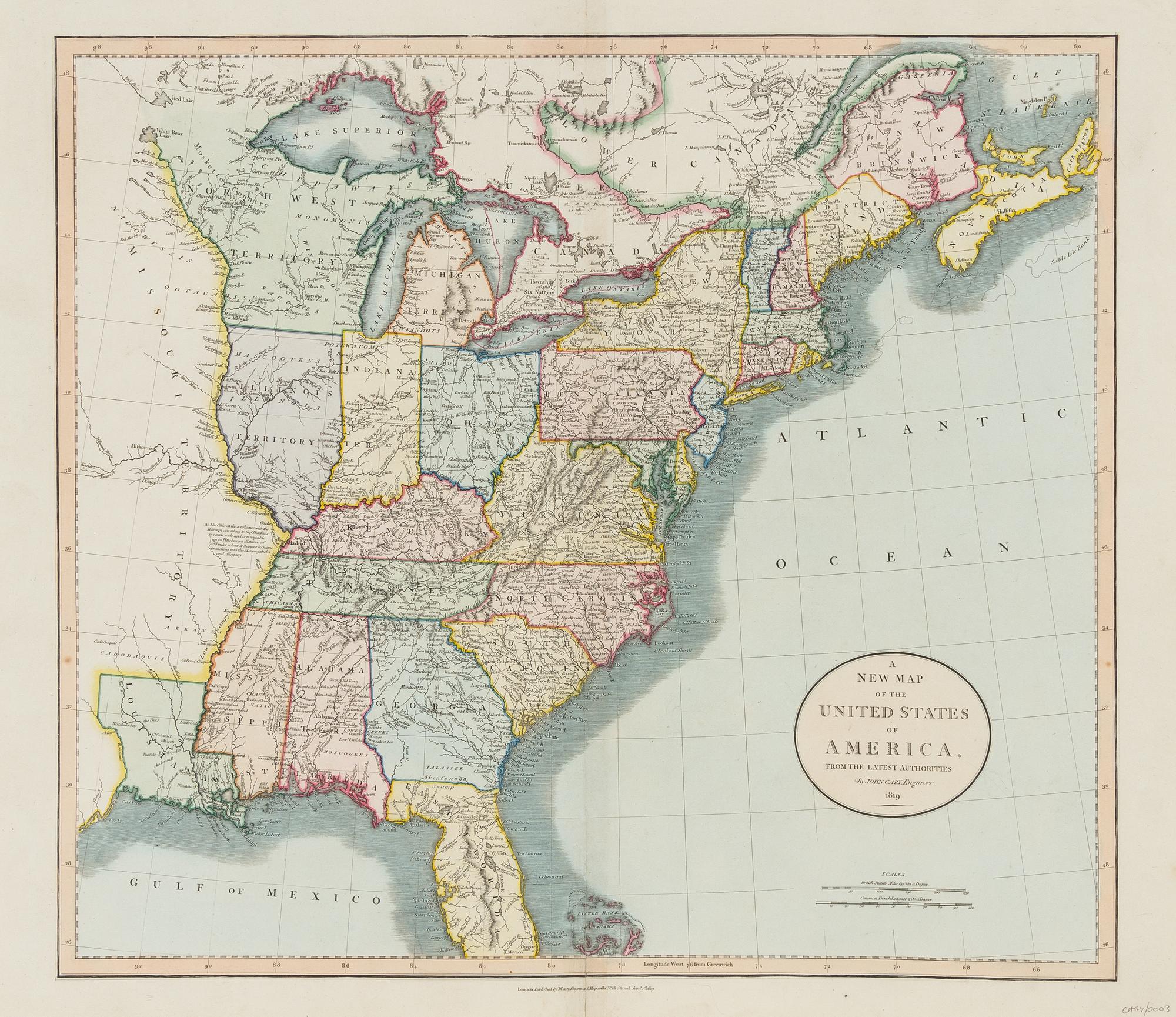CARY, John (ca.1754-1835). A New Map of the United States of America, from the latest authories. London, 1 January 1819.