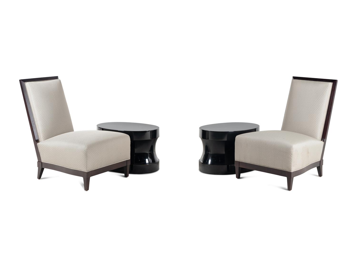 Four Donghia Black-Painted Slipper Chairs and a Pair of Associated Low Tables