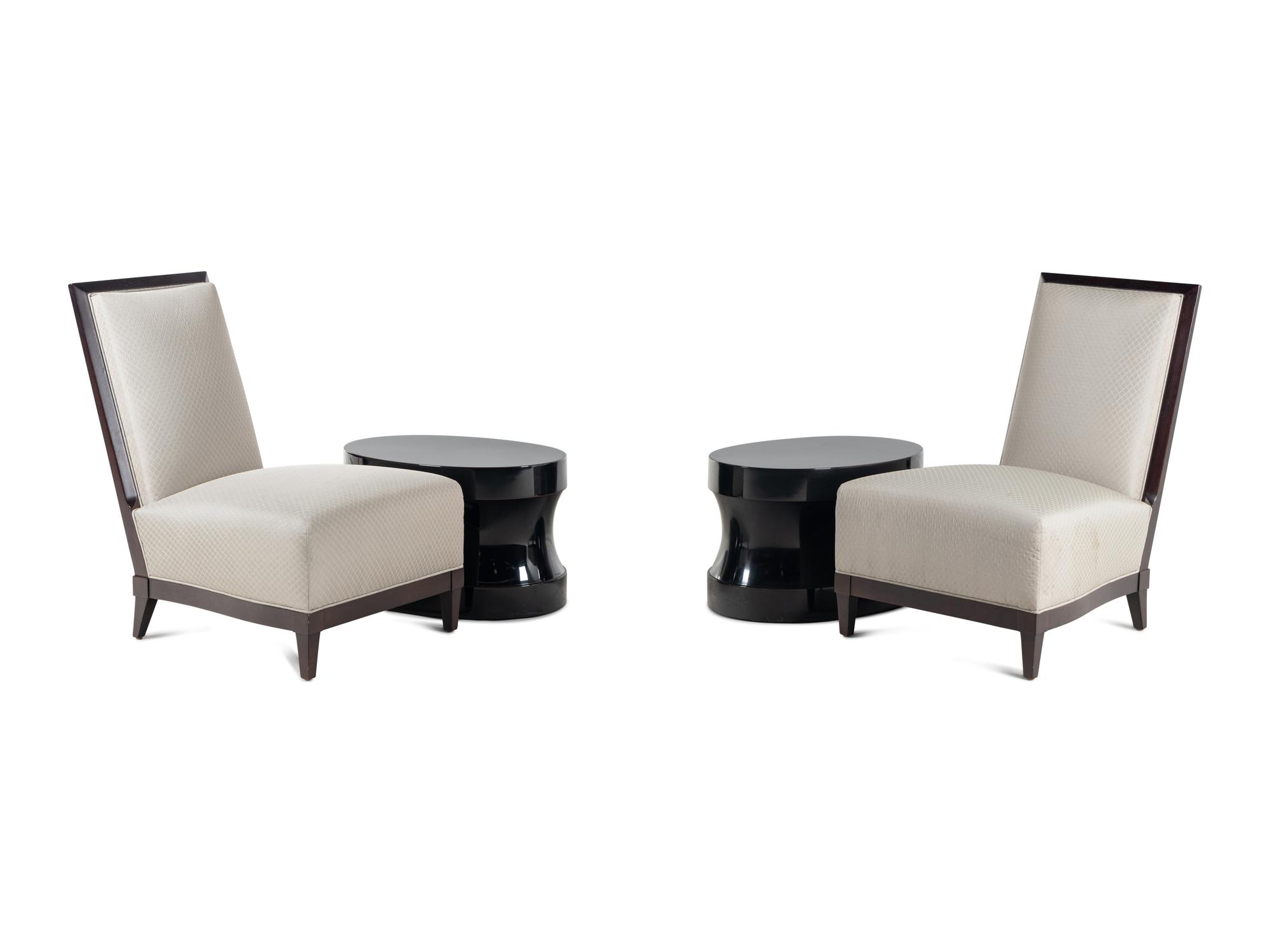 Four Donghia Black-Painted Slipper Chairs and a Pair of Associated Low Tables