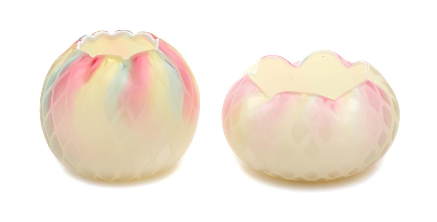 Two Rainbow Mother of Pearl Rose Bowls Height 3 3/8 inches