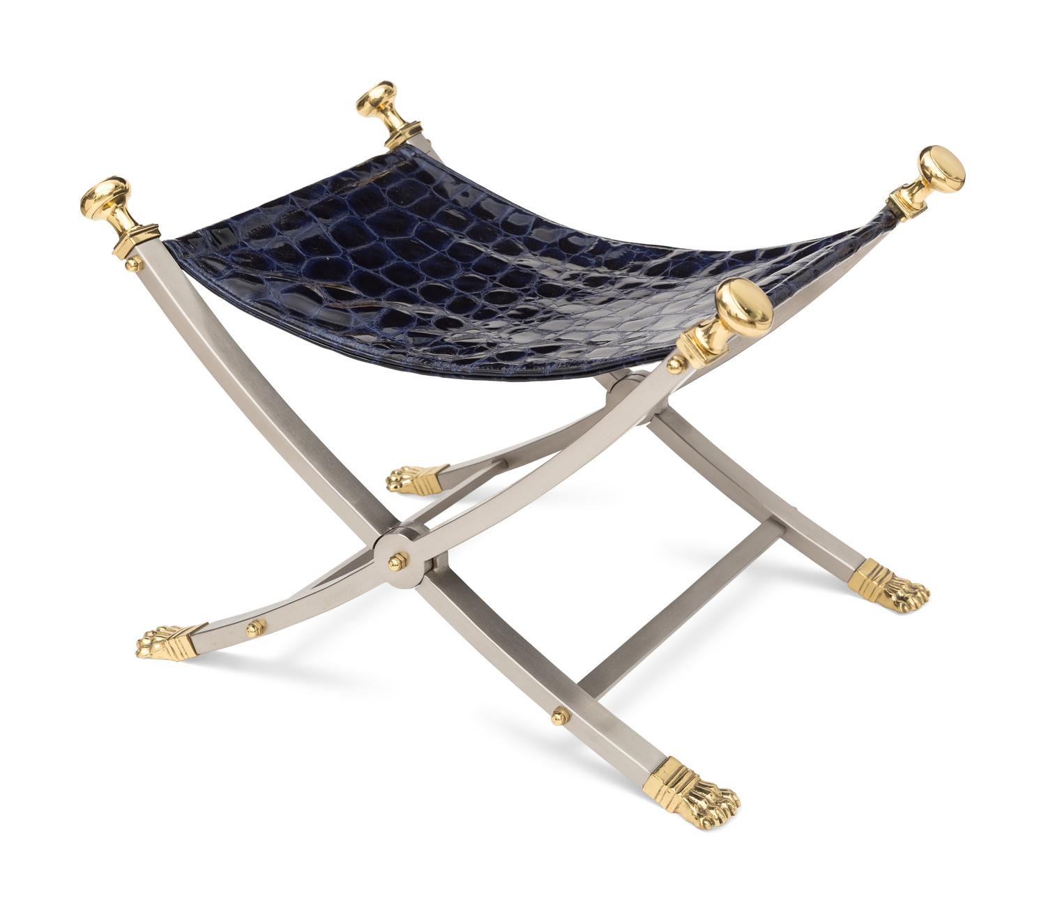 A Stainless Steel, Brass, and Italian Alligator-Embossed Patent Leather Campaign Style Stool