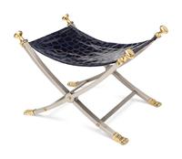 A Stainless Steel, Brass, and Italian Alligator-Embossed Patent Leather Campaign Style Stool