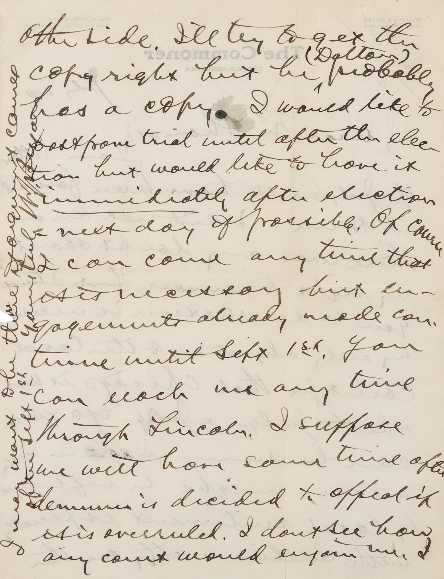 BRYAN, William Jennings (1860-1925). Autograph letter signed ("W. J. Bryan"), to Mr. Thomas. Lincoln, Nebraska, 23 July [1920?].