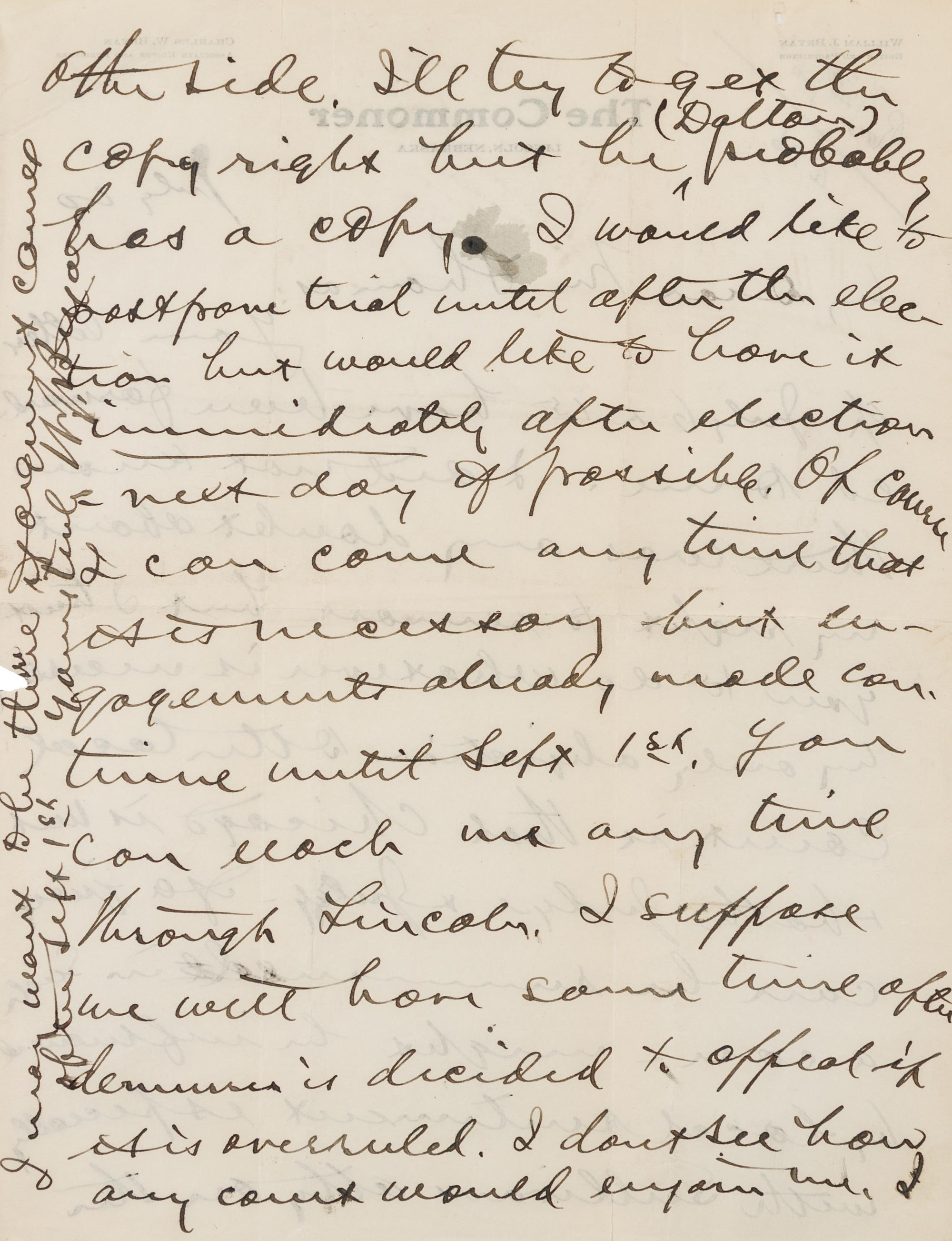 BRYAN, William Jennings (1860-1925). Autograph letter signed ("W. J. Bryan"), to Mr. Thomas. Lincoln, Nebraska, 23 July [1920?].