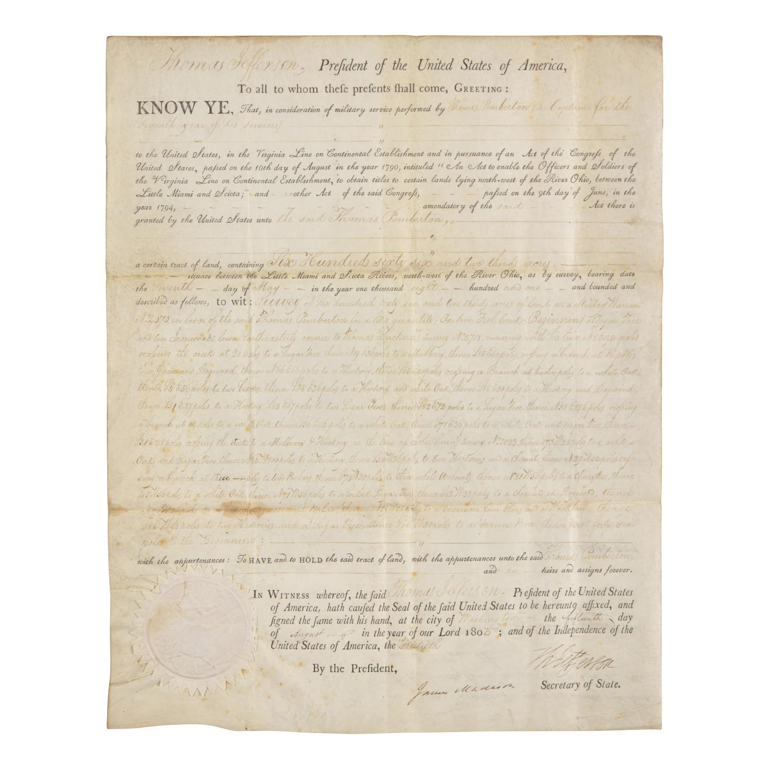 [Presidential] Jefferson, Thomas, and James Madison. Partially-Printed Document, signed.