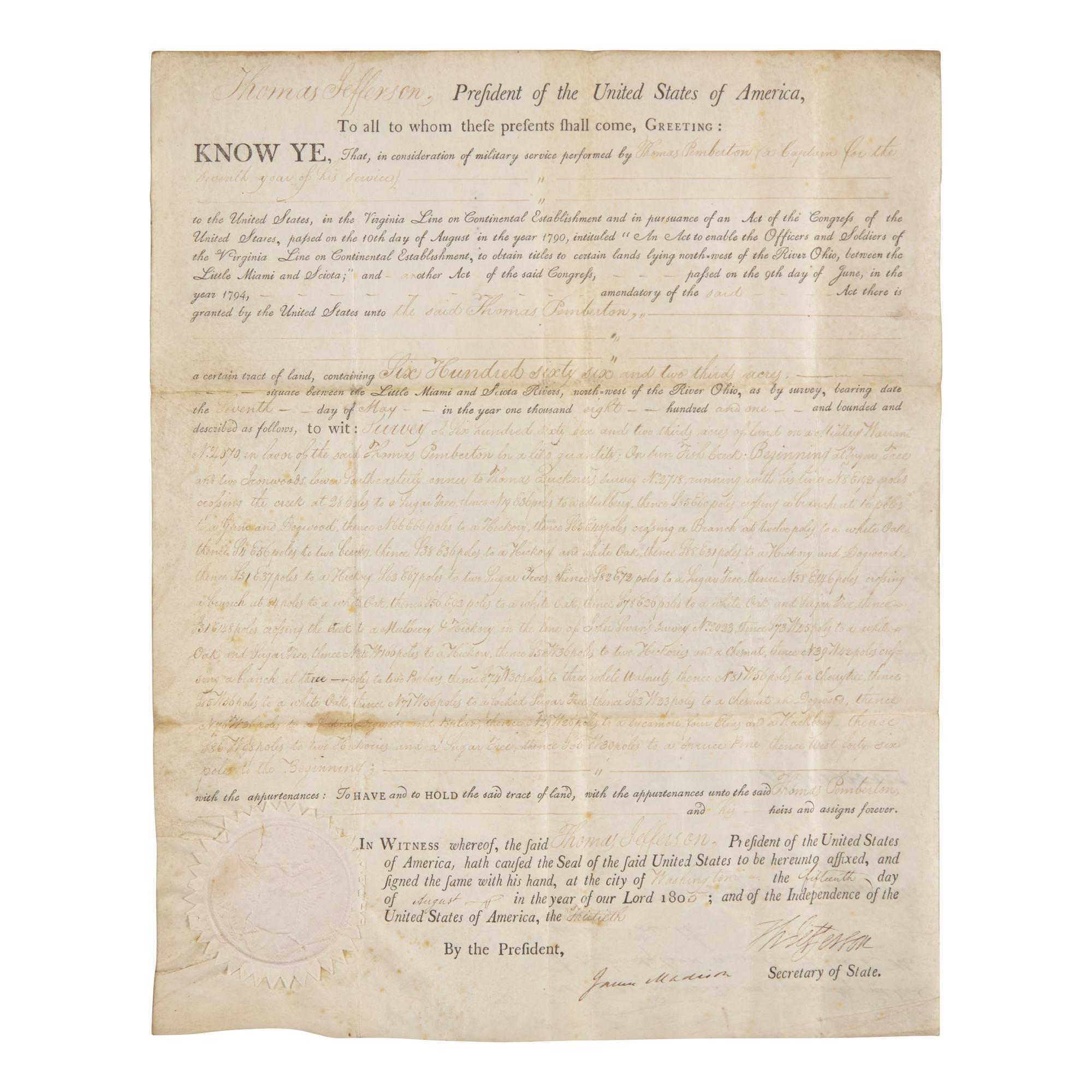 [Presidential] Jefferson, Thomas, and James Madison. Partially-Printed Document, signed.