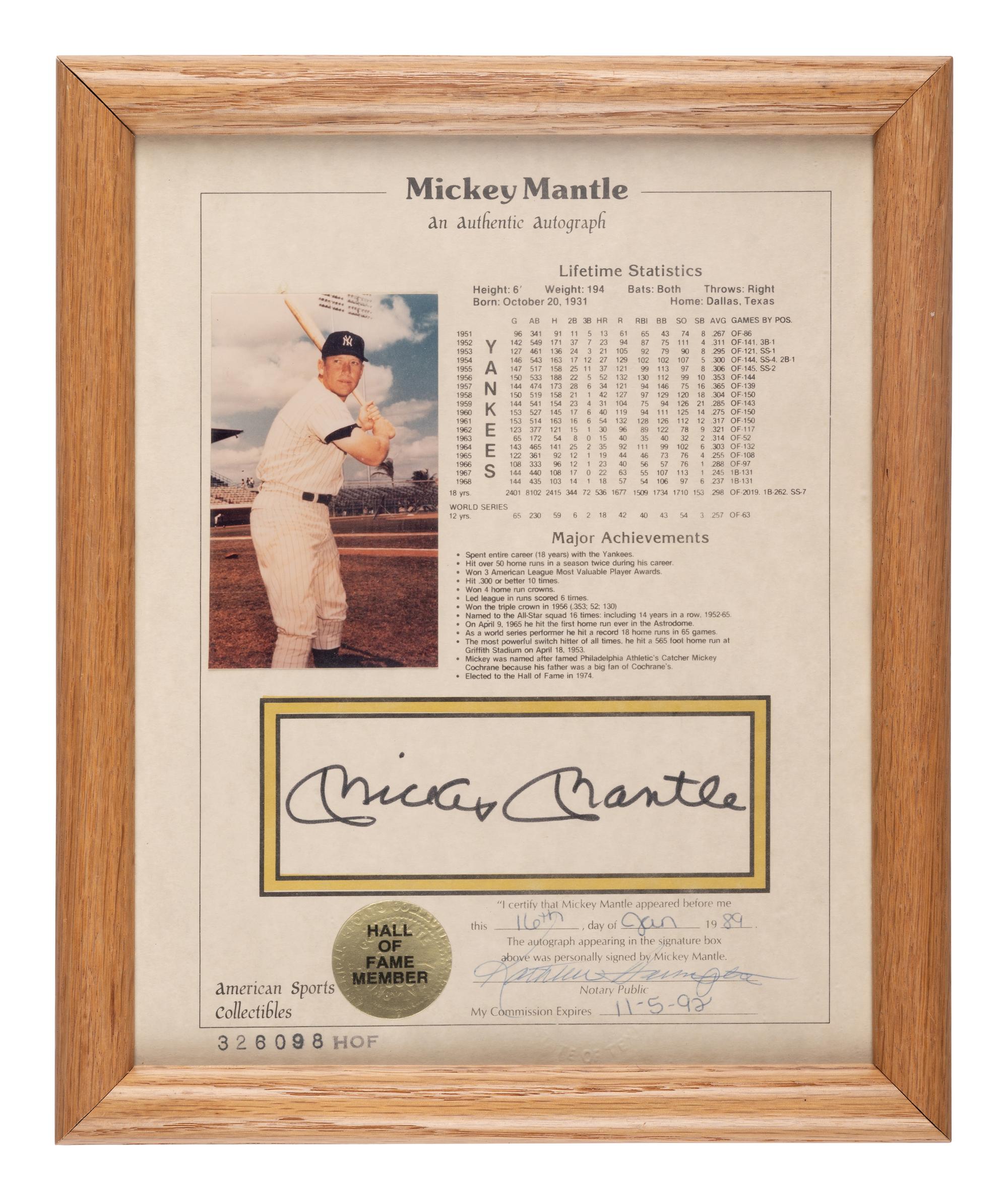 A Mickey Mantle Signed Autograph Career Statistics Display (Beckett Authentication Services Letter),