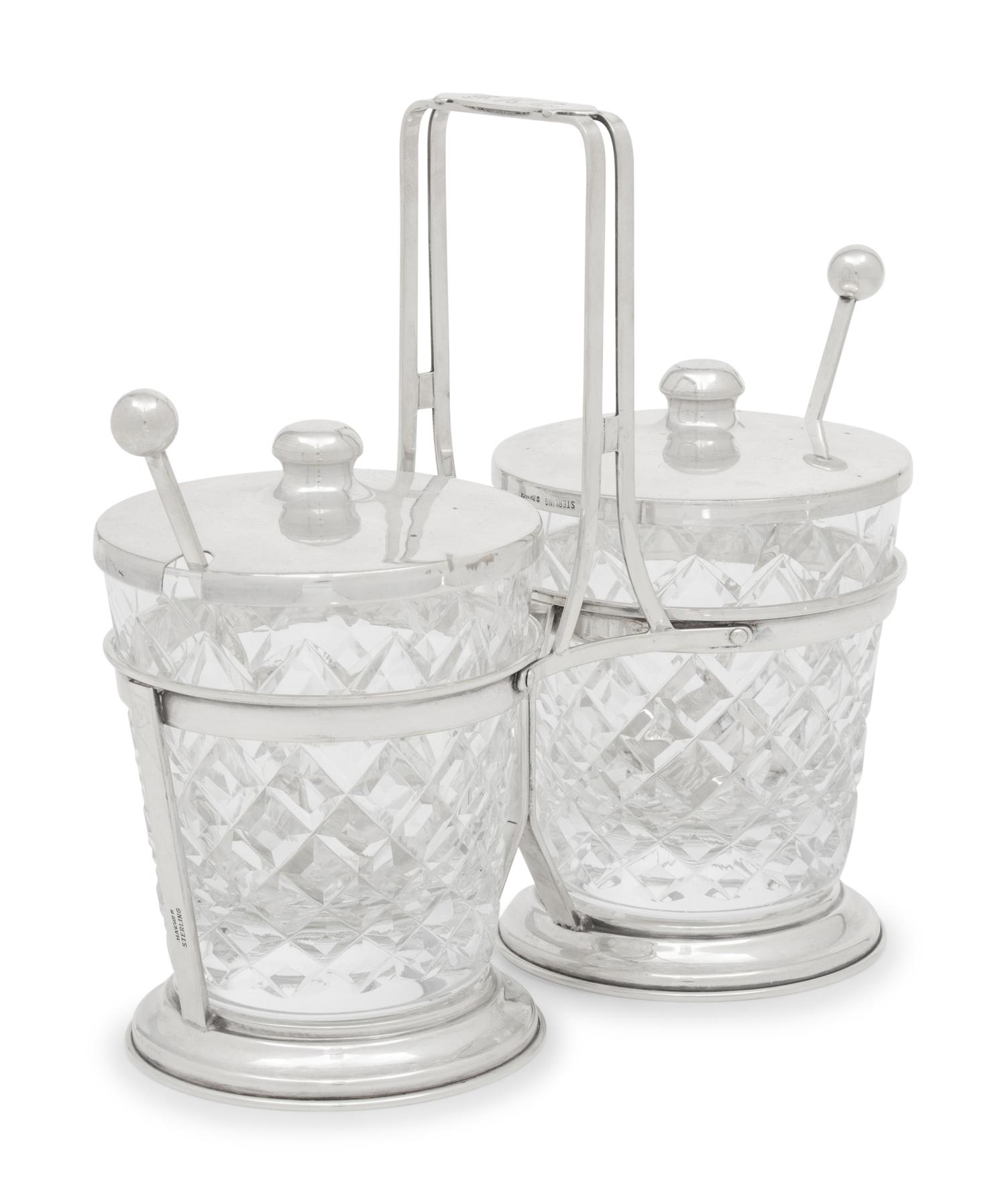 An American Silver and Cut Glass Jam Pot Set