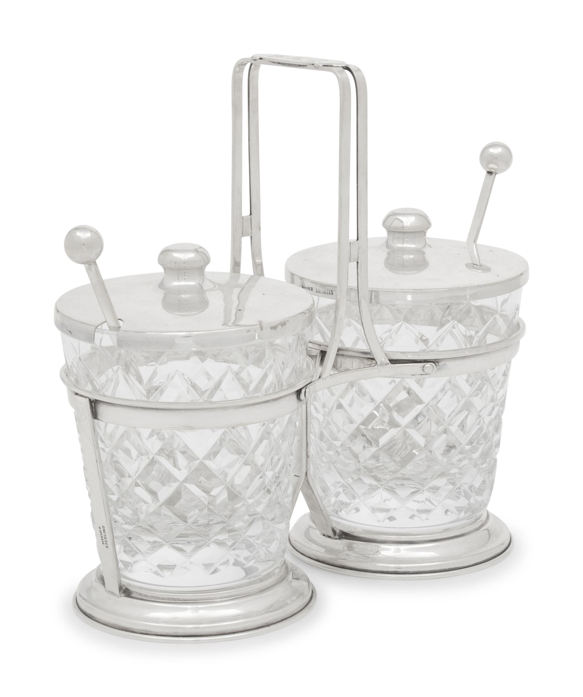 An American Silver and Cut Glass Jam Pot Set