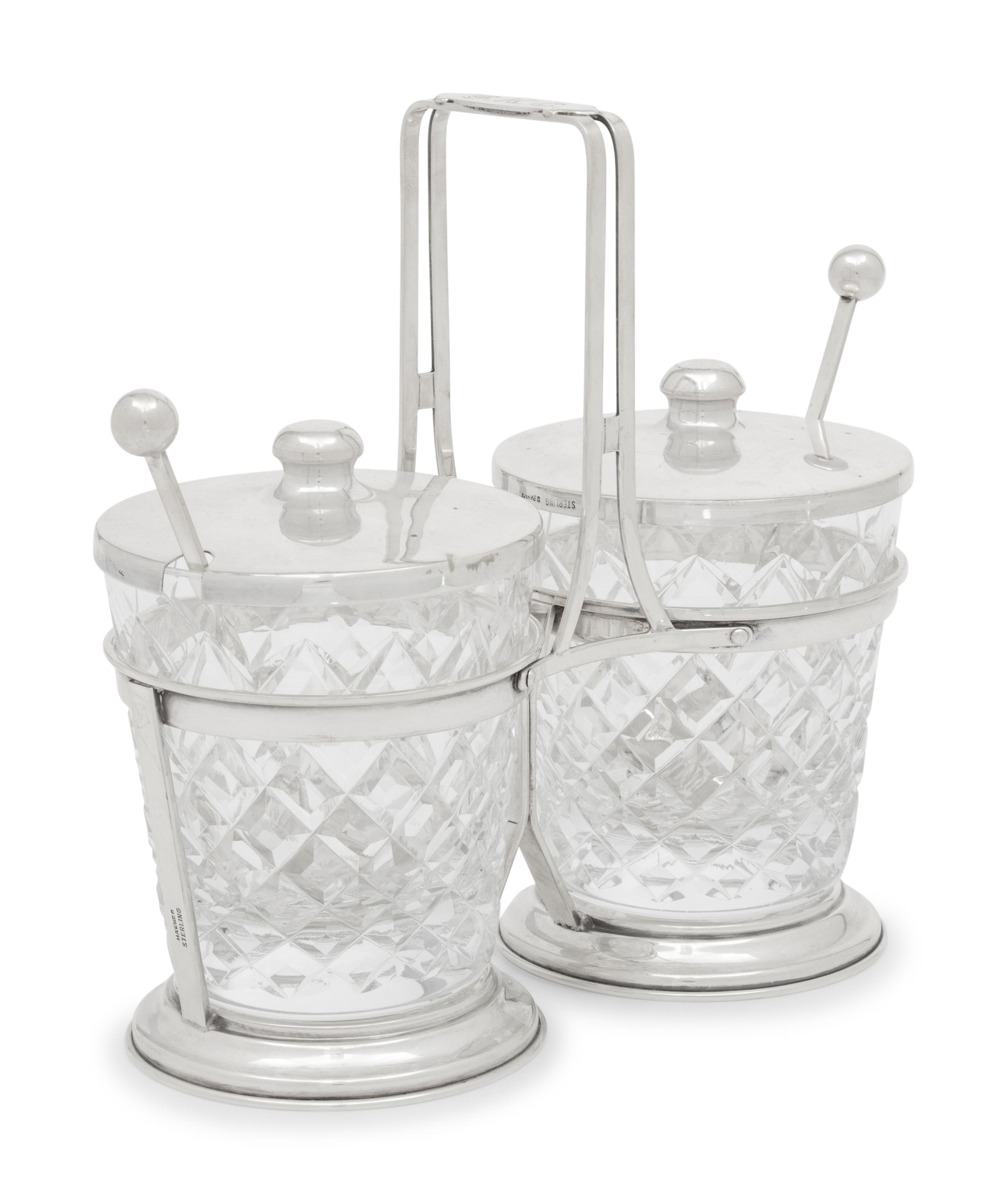 An American Silver and Cut Glass Jam Pot Set