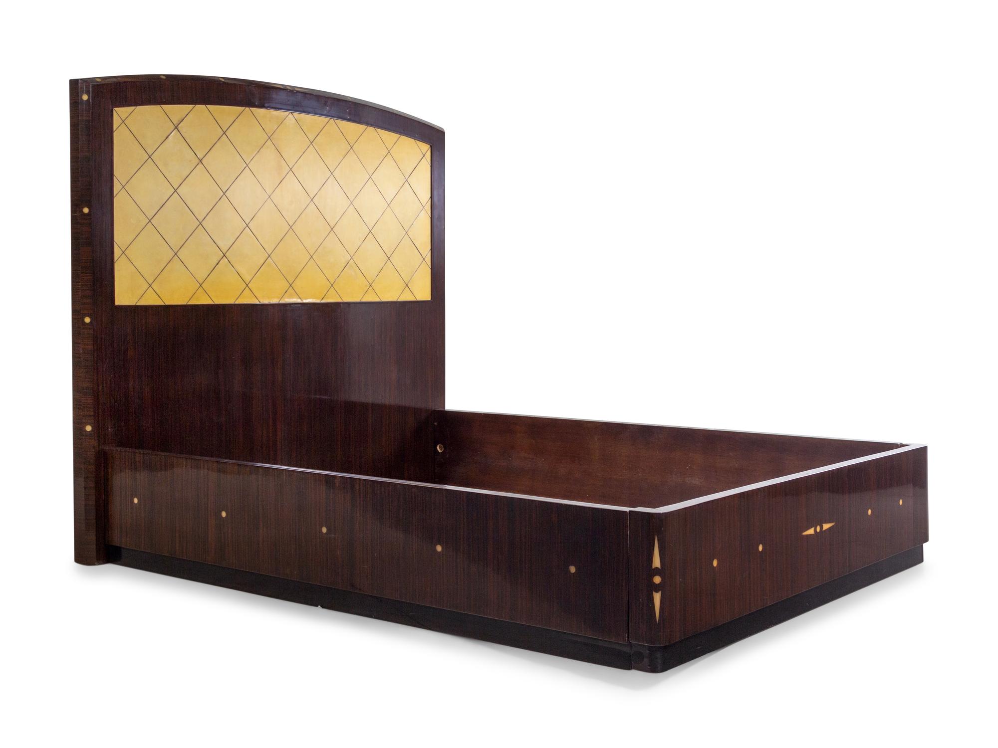 A Swedish Acrylic Inlaid Rosewood and Parchment Veneered Queen Bed with Matching Side Cabinets